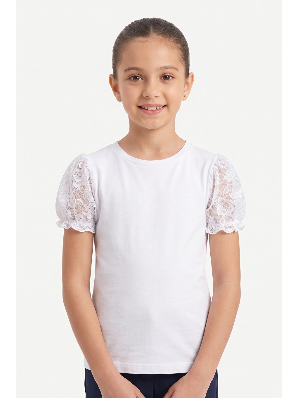 Beyaz Kız Çocuk Kısa Kollu Basic Tişört 25066-1