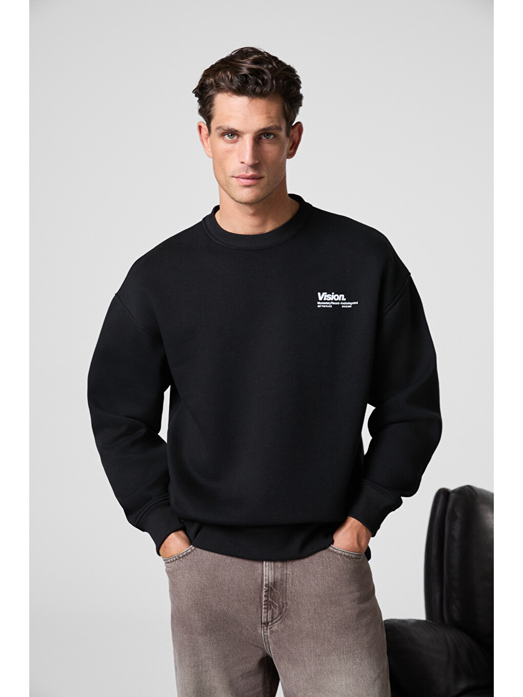 Siyah Ernest Erkek Organik Pamuklu Yumuşacık Baskı Detaylı Bisiklet Yaka İçi Polarlı SİYAH Sweatshirt-3