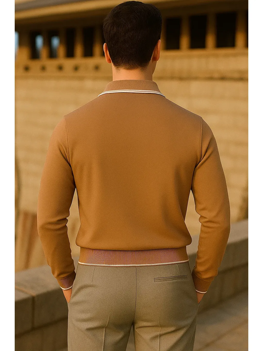 Kahverengi Erkek Çizgili Trend Uzun Kollu Kahve Polo Yaka Kazak-4