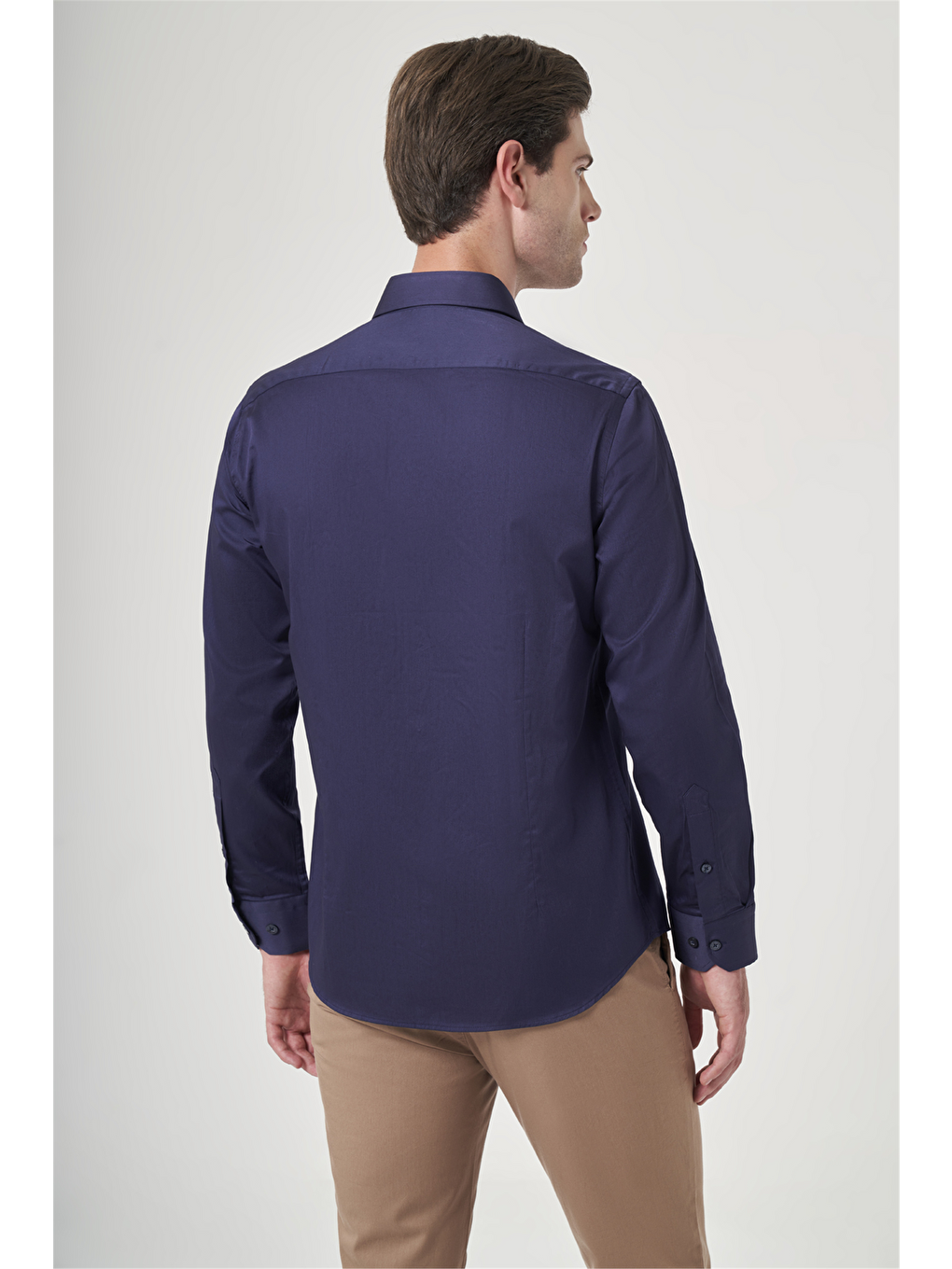 Lacivert Sert Yaka Uzun Kol Cepsiz Saten Slim Fit %100 Pamuk Gömlek 1004260424-4