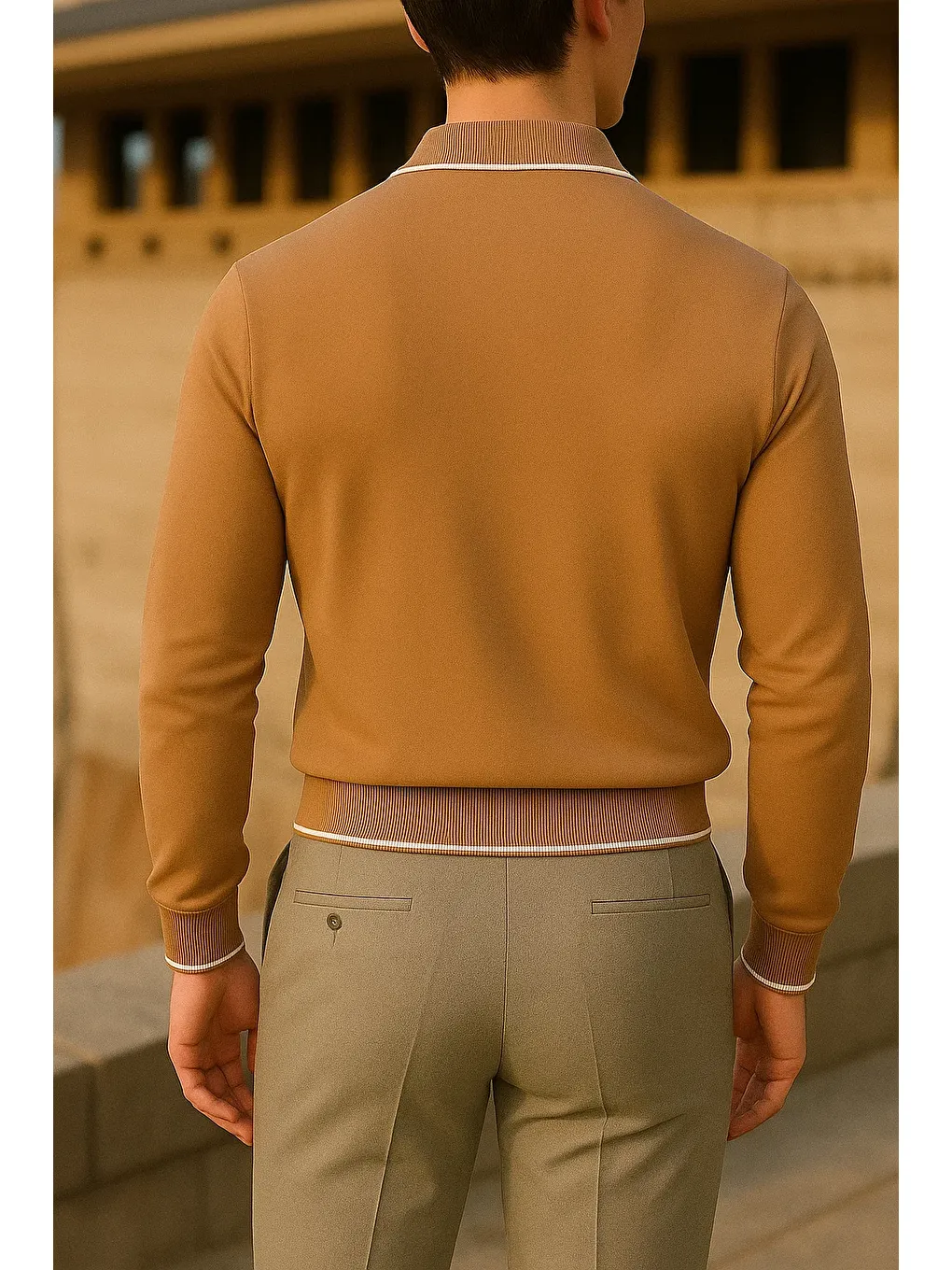 Kahverengi Erkek Çizgili Trend Uzun Kollu Kahve Polo Yaka Kazak-5