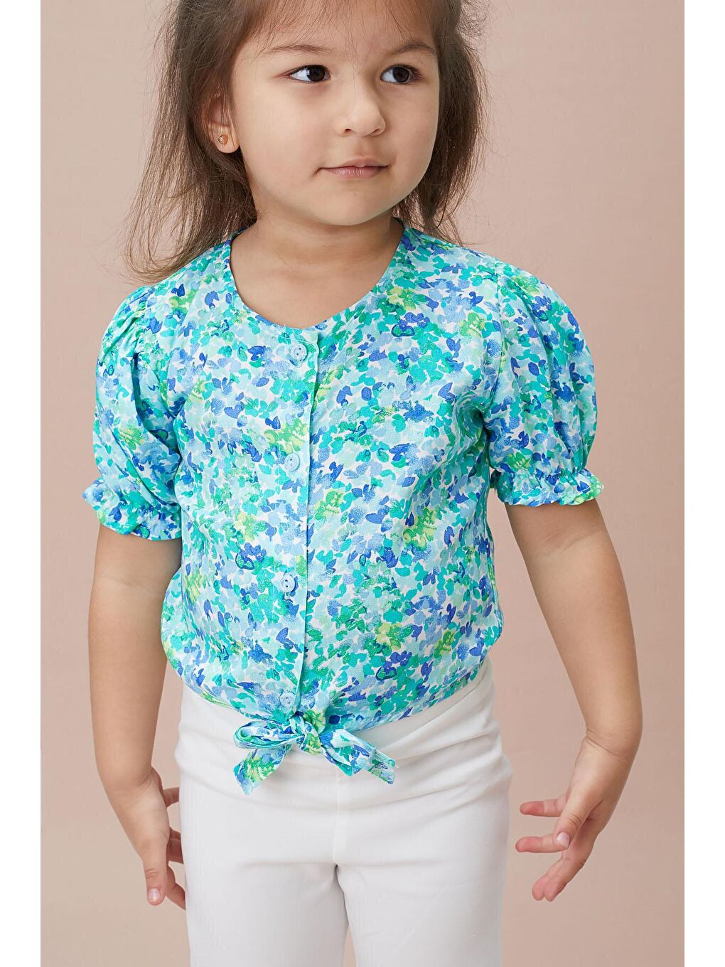 Yeşil Çiçek Desenli İspanyol Paça Pantolon Gömlekli Kız Takım 15127-2