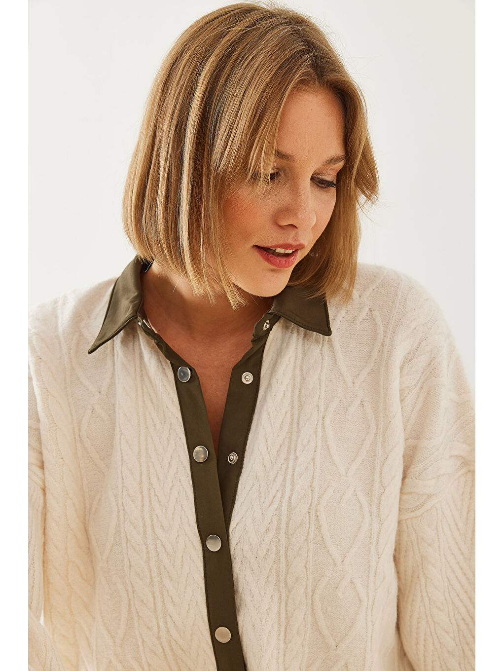 Haki Kadın Polo Yaka Hırka Th-2