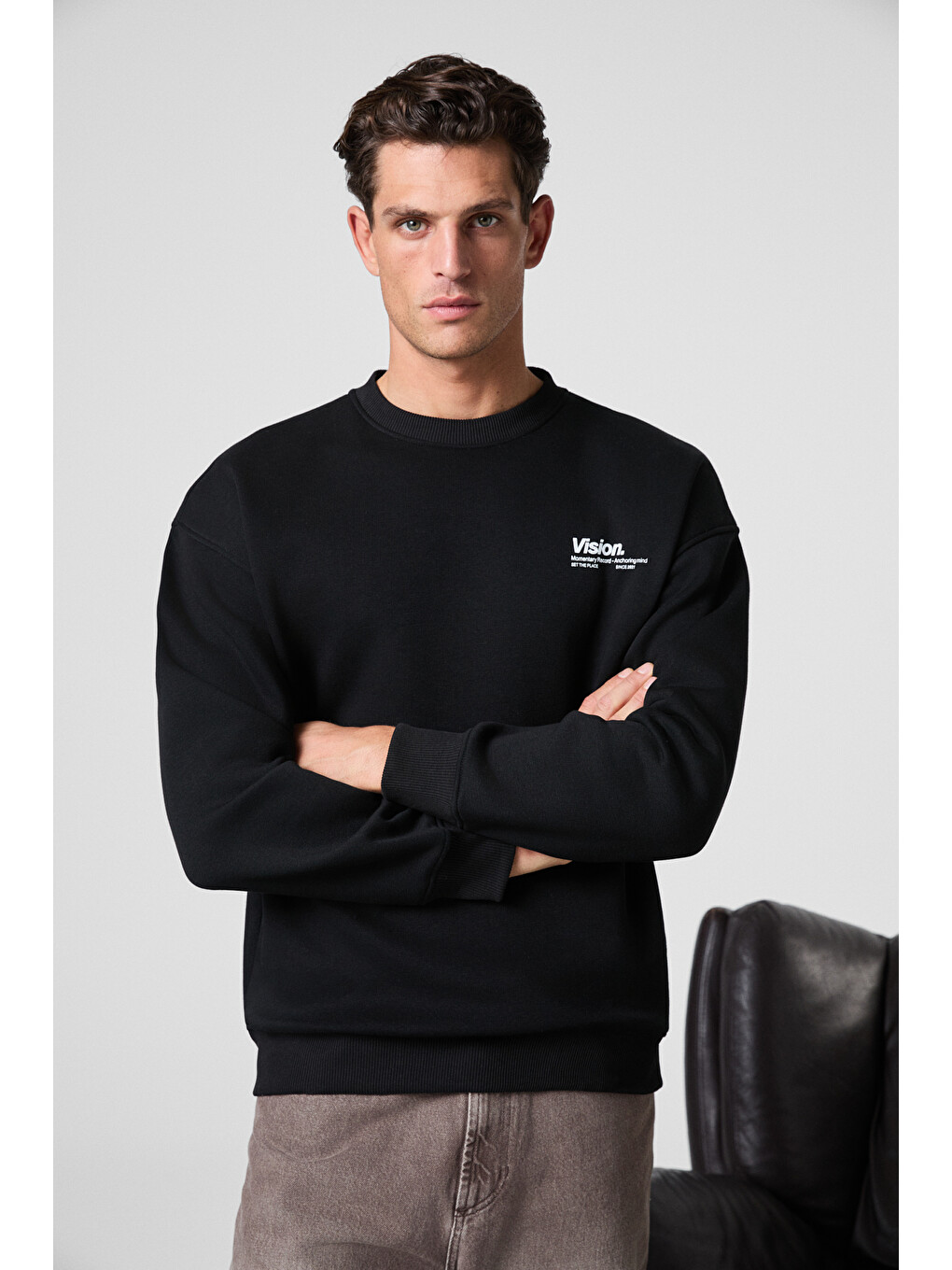 Siyah Ernest Erkek Organik Pamuklu Yumuşacık Baskı Detaylı Bisiklet Yaka İçi Polarlı SİYAH Sweatshirt-4