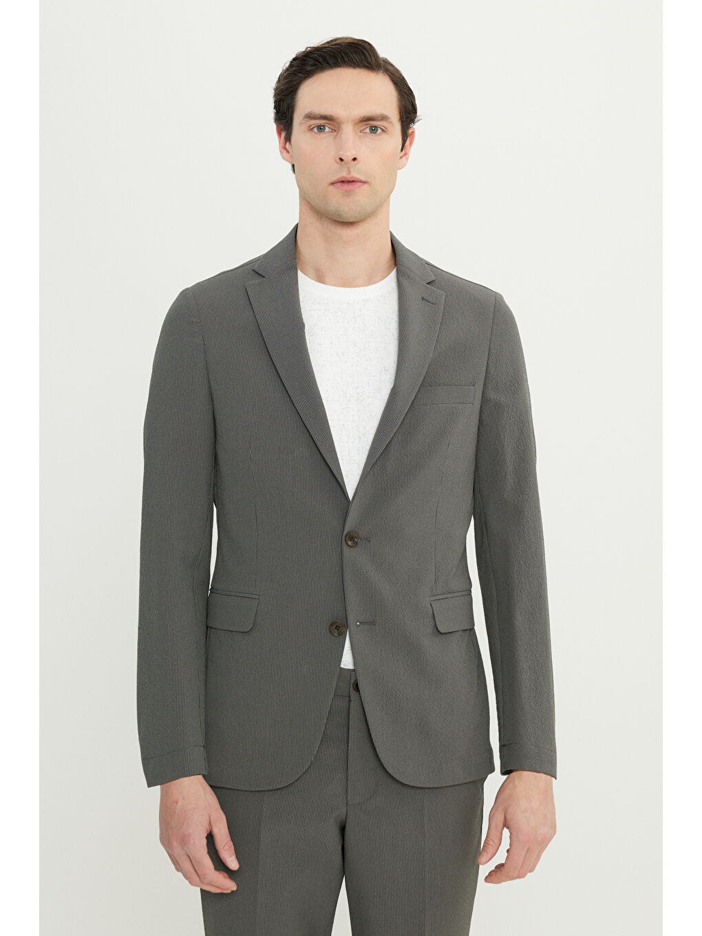 Erkek Haki Slim Fit Mono Yaka Kapak Cepli Esnek Takım Elbise