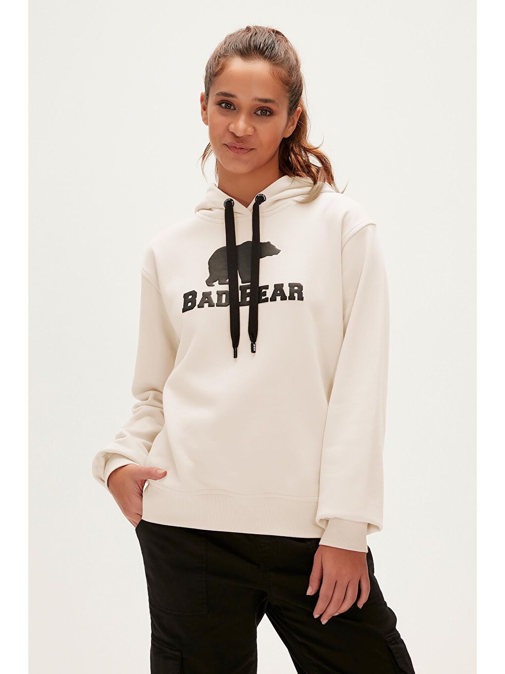 Logo Beyaz Kadın Kapüşonlu Sweatshirt-2