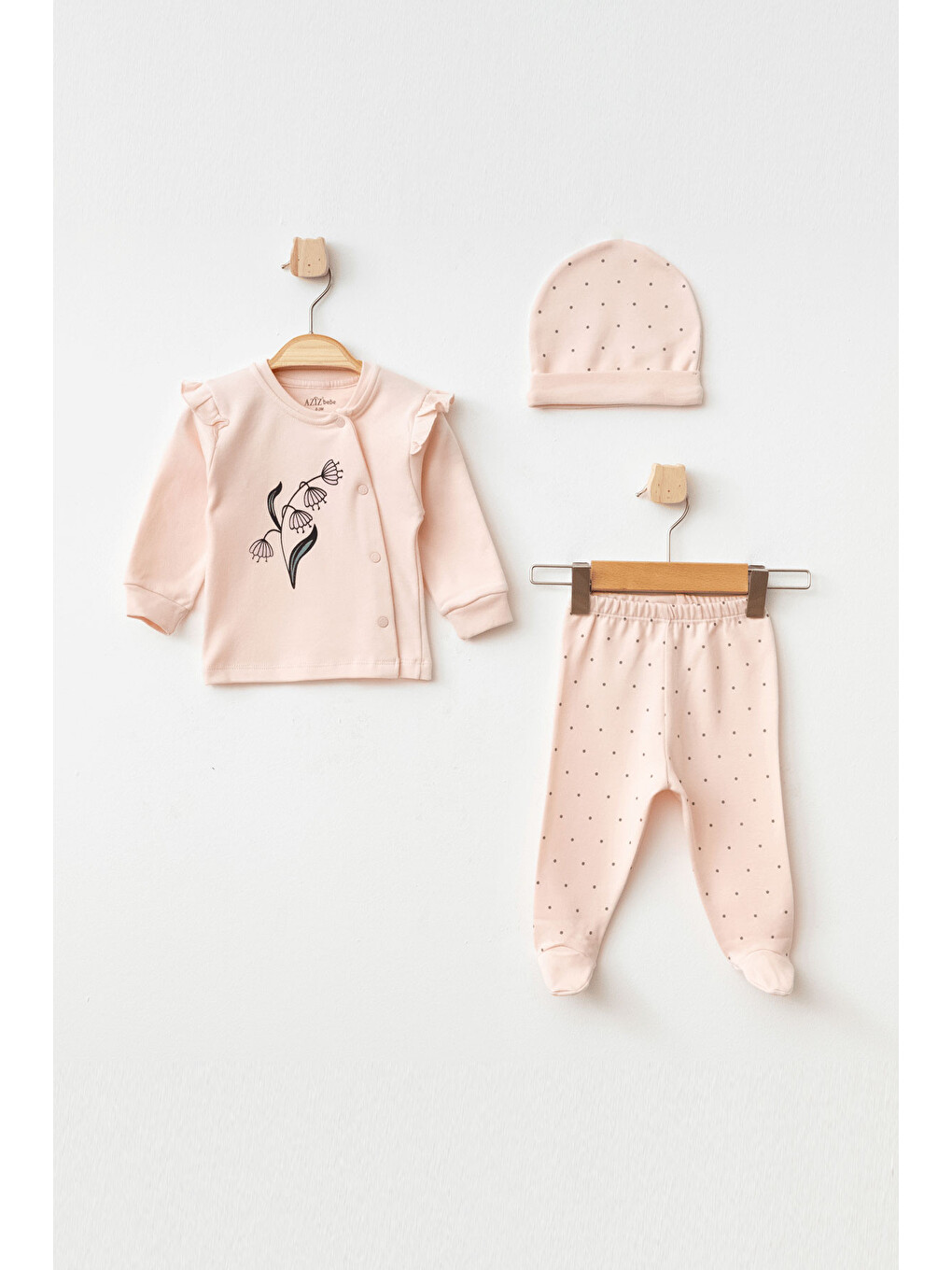 Pembe Kız Bebek Çiçek Desenli Hırka Pantolon Bere 3 'lü Alt Üst Bebek Takımı 0 Ay - 6 Ay