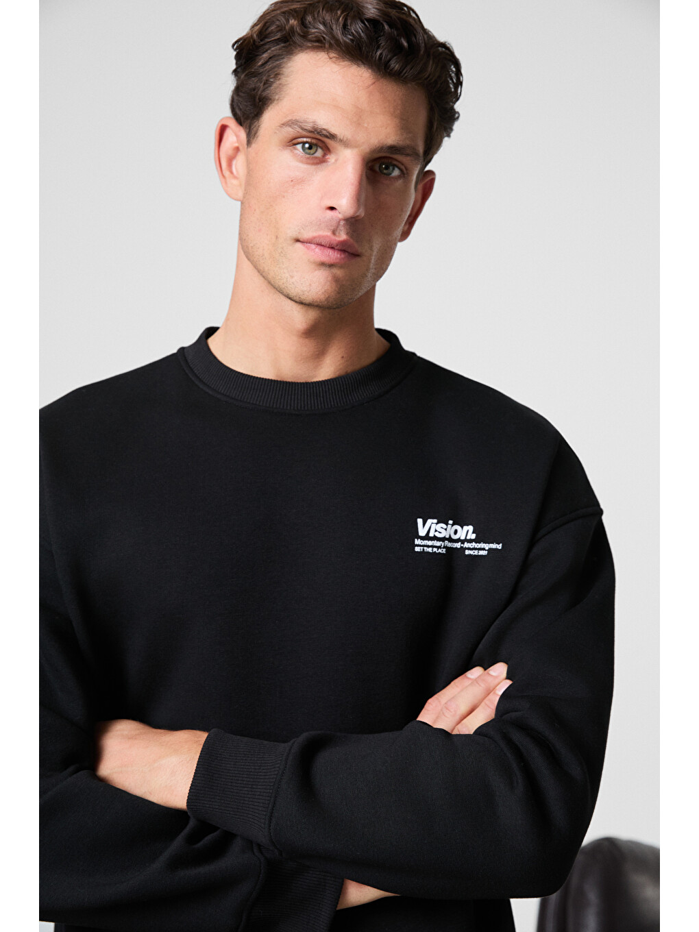 Siyah Ernest Erkek Organik Pamuklu Yumuşacık Baskı Detaylı Bisiklet Yaka İçi Polarlı SİYAH Sweatshirt-5