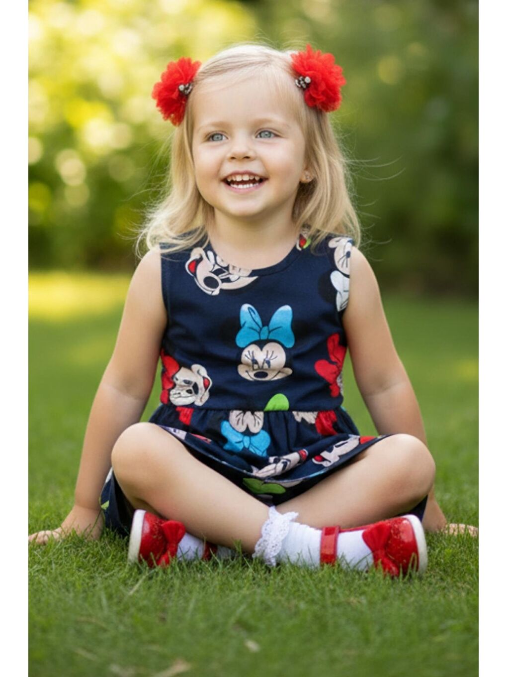 Lacivert Kız Çocuk Mickey Fareli Elbise Kırmızı Çiçek Toka Takım-1