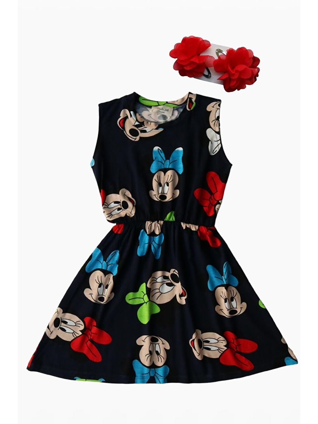 Lacivert Kız Çocuk Mickey Fareli Elbise Kırmızı Çiçek Toka Takım-2