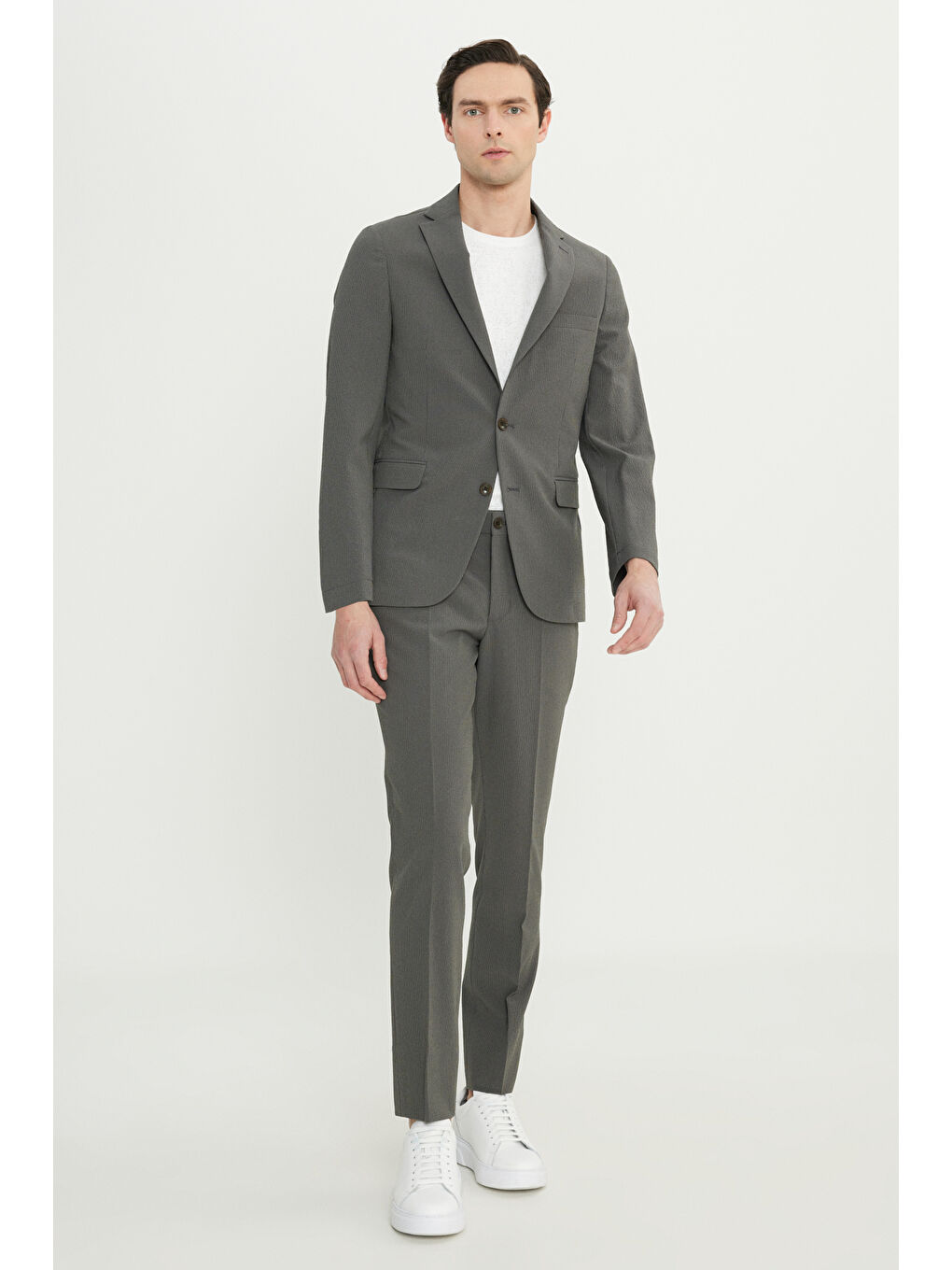 Erkek Haki Slim Fit Mono Yaka Kapak Cepli Esnek Takım Elbise-1