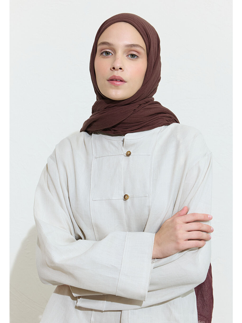 Kahverengi PAMUKLU KETEN ŞAL APPLE PIE-3