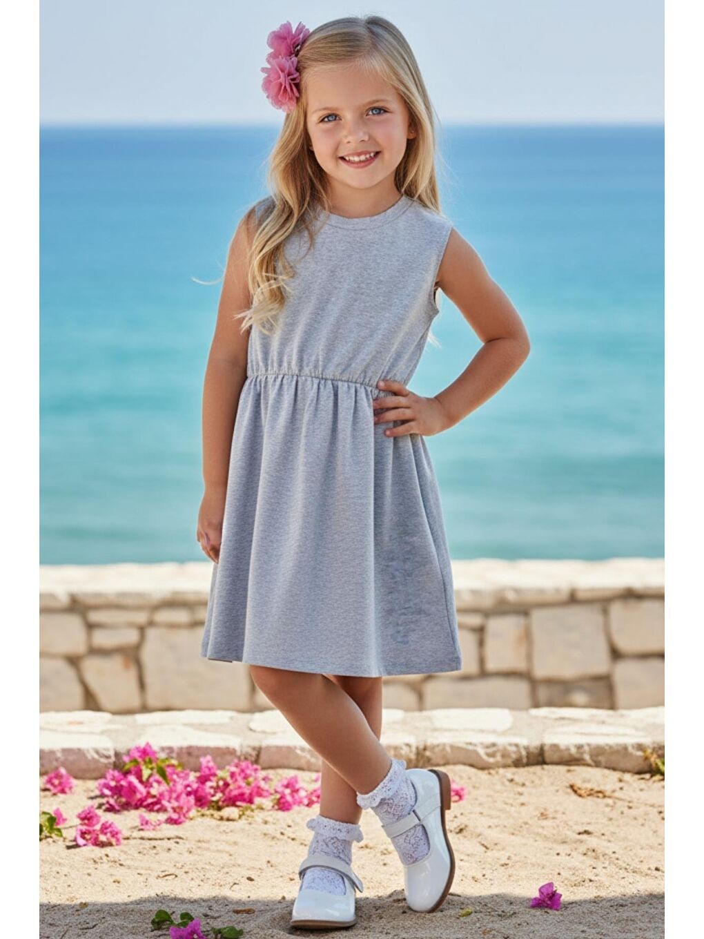 Kız Çocuk Gri Elbise Somon Toka Takım