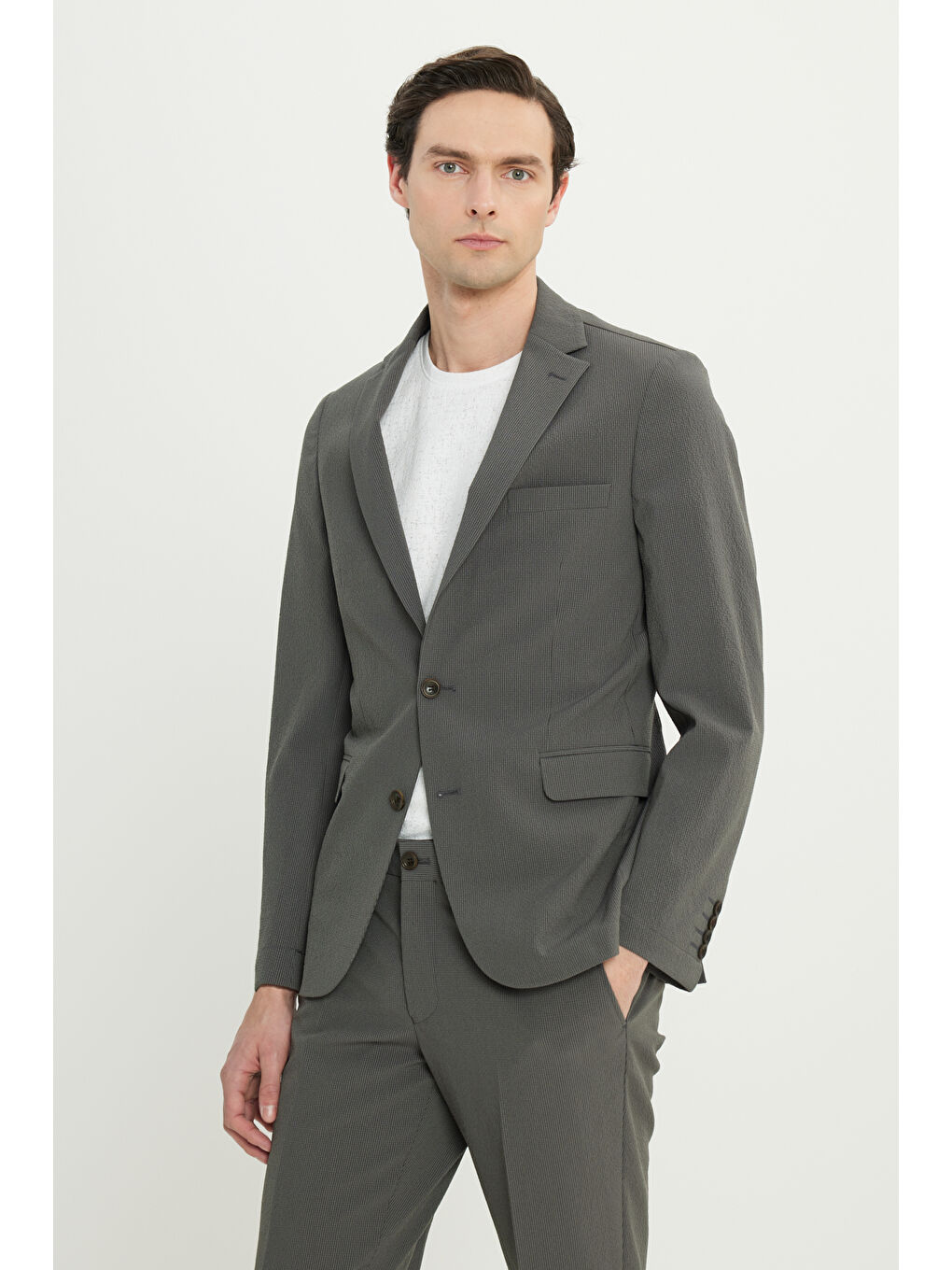 Erkek Haki Slim Fit Mono Yaka Kapak Cepli Esnek Takım Elbise-3