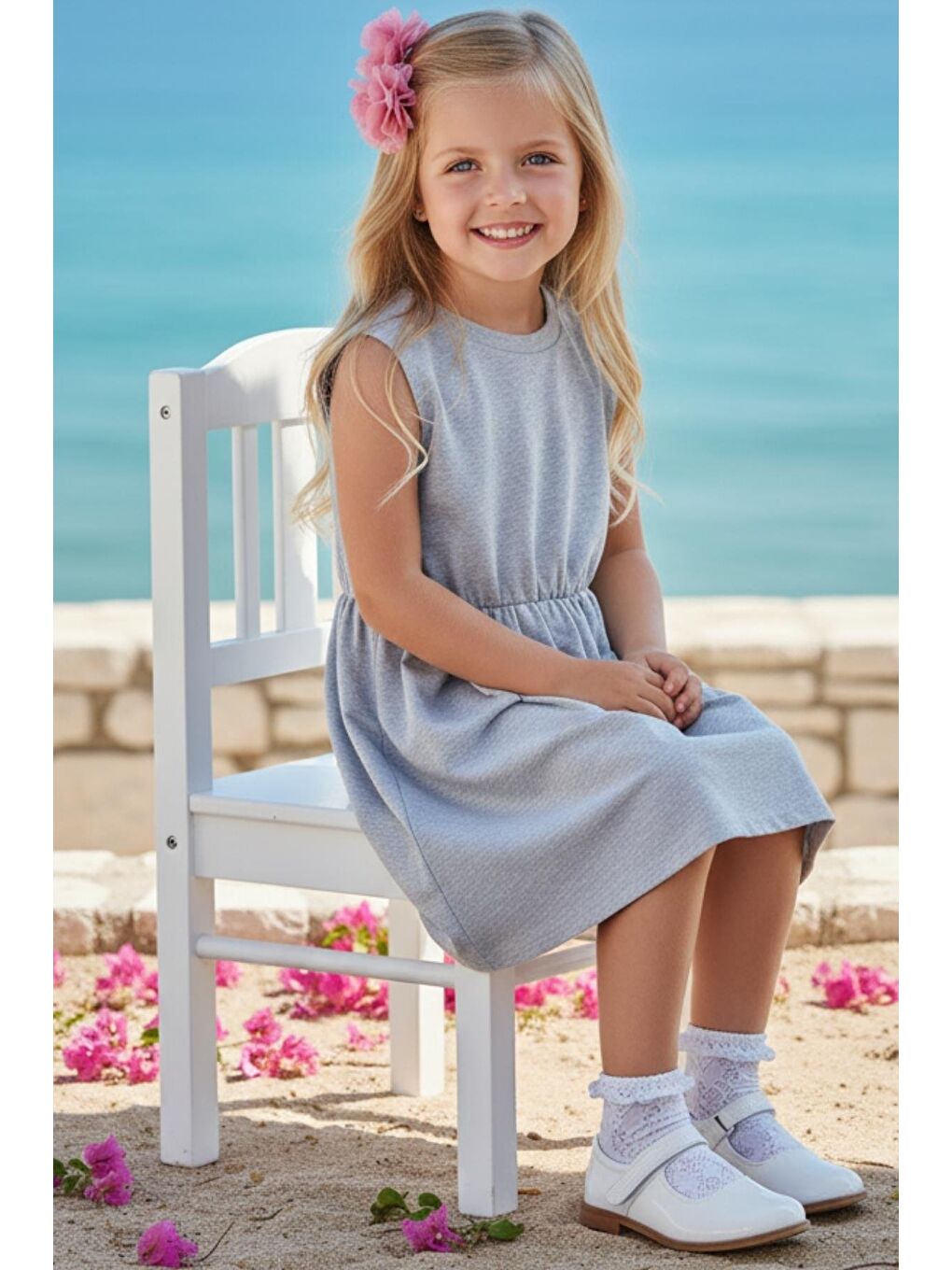 Kız Çocuk Gri Elbise Somon Toka Takım-1