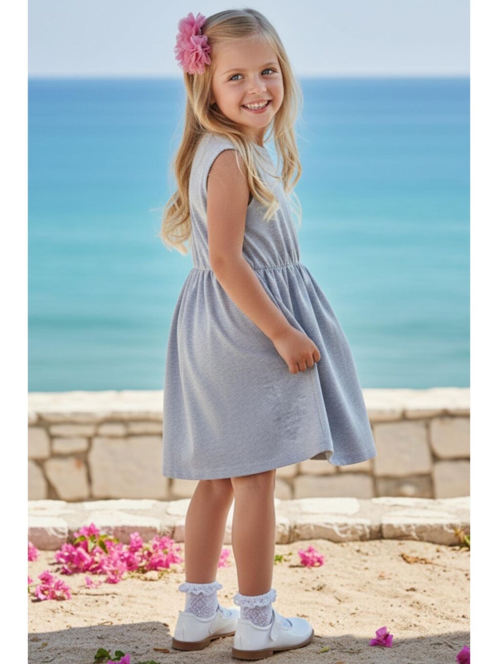 Kız Çocuk Gri Elbise Somon Toka Takım-2