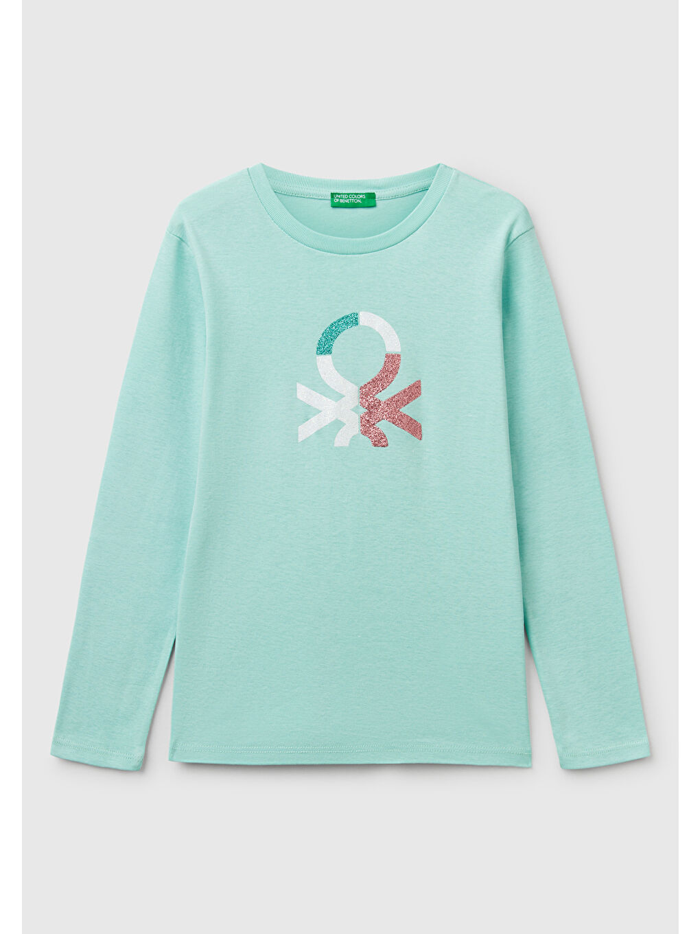 Turkuaz Kız Çocuk Su Yeşili Simli Benetton Logo Baskılı Tişört