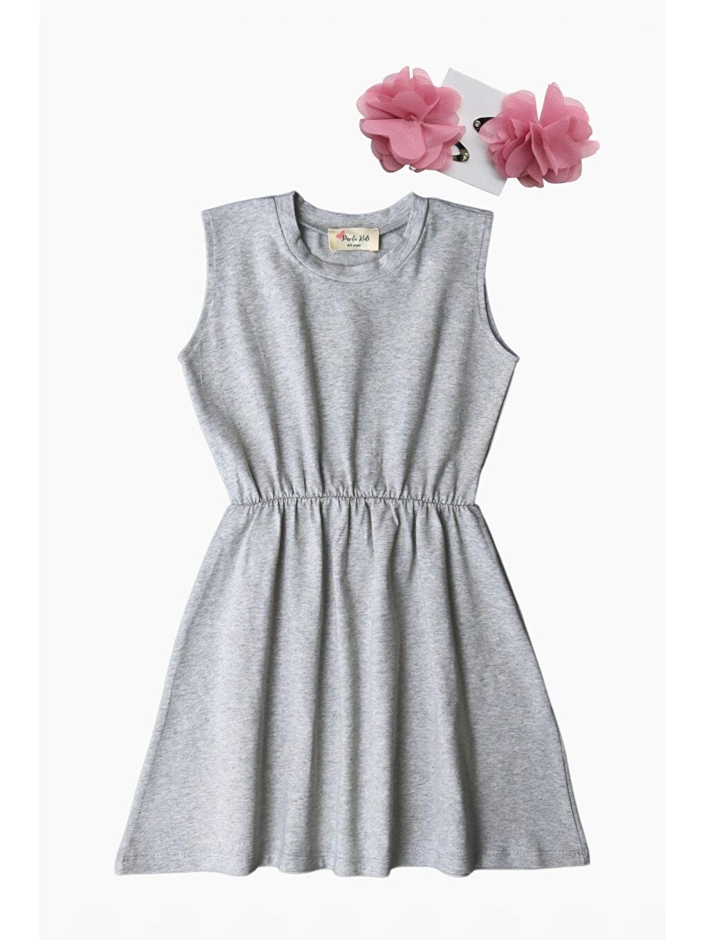 Kız Çocuk Gri Elbise Somon Toka Takım-3