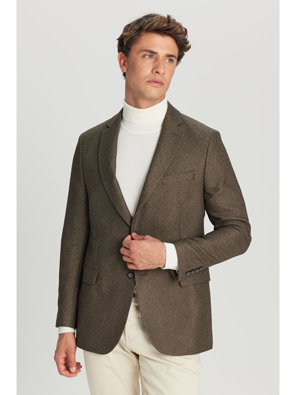 Erkek Haki Slim Fit Dar Kesim Mono Yaka Kapak Cepli Blazer Ceket