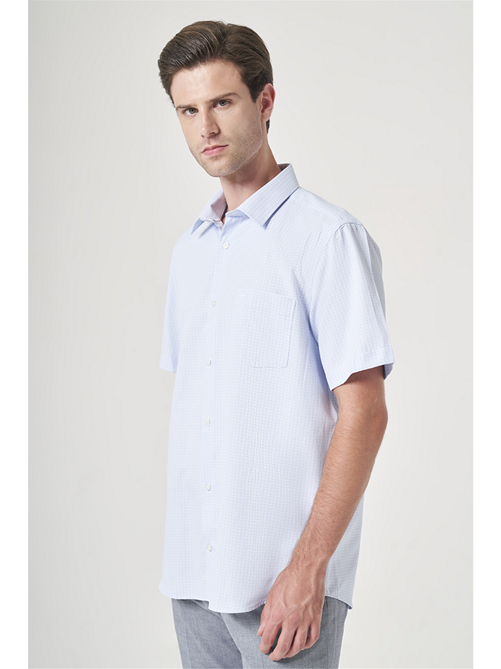Mavi-beyaz Sert Yaka Kısa Kol Comfort Fit Pamuklu Gömlek 1004260238-2