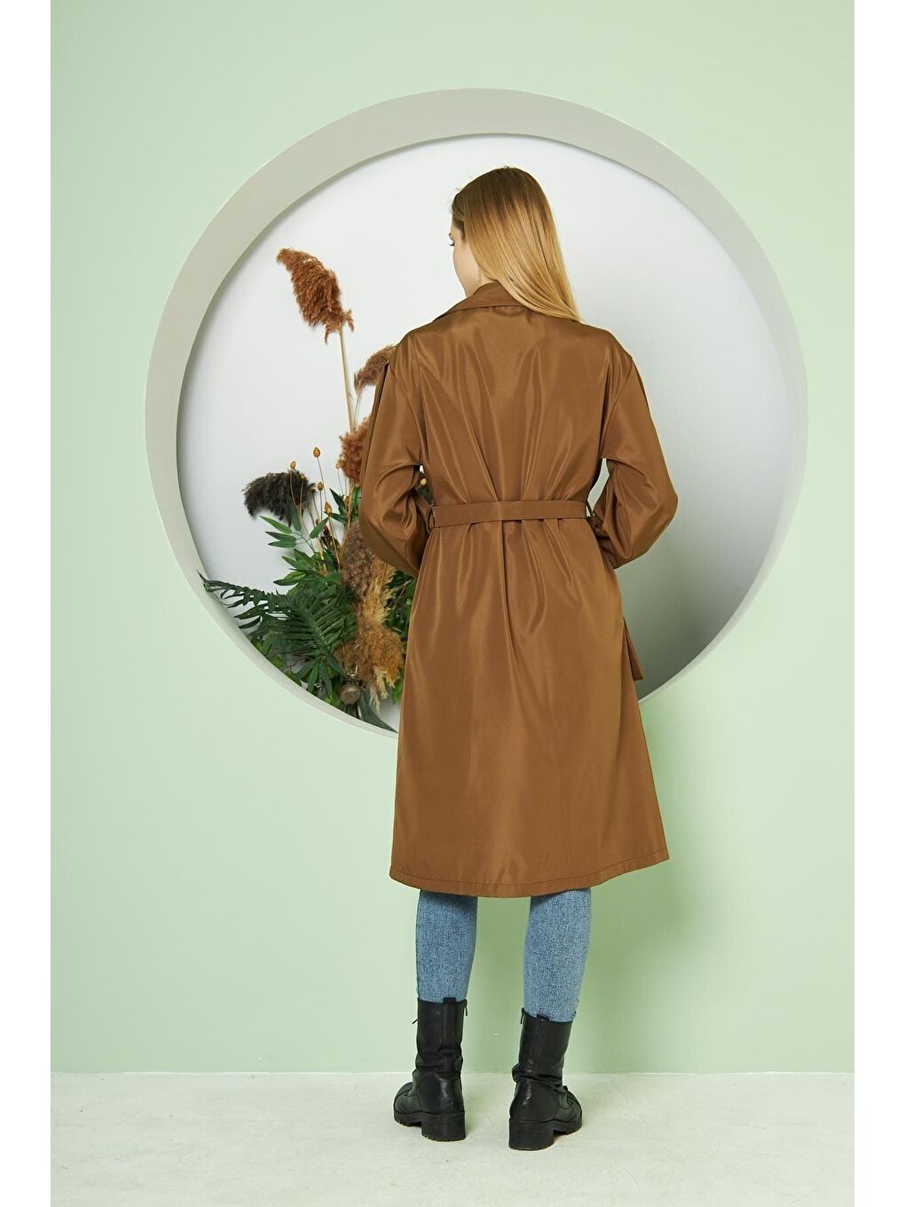 Kahverengi Kadın Belden Bağlamalı Balon Kol Trenç-3