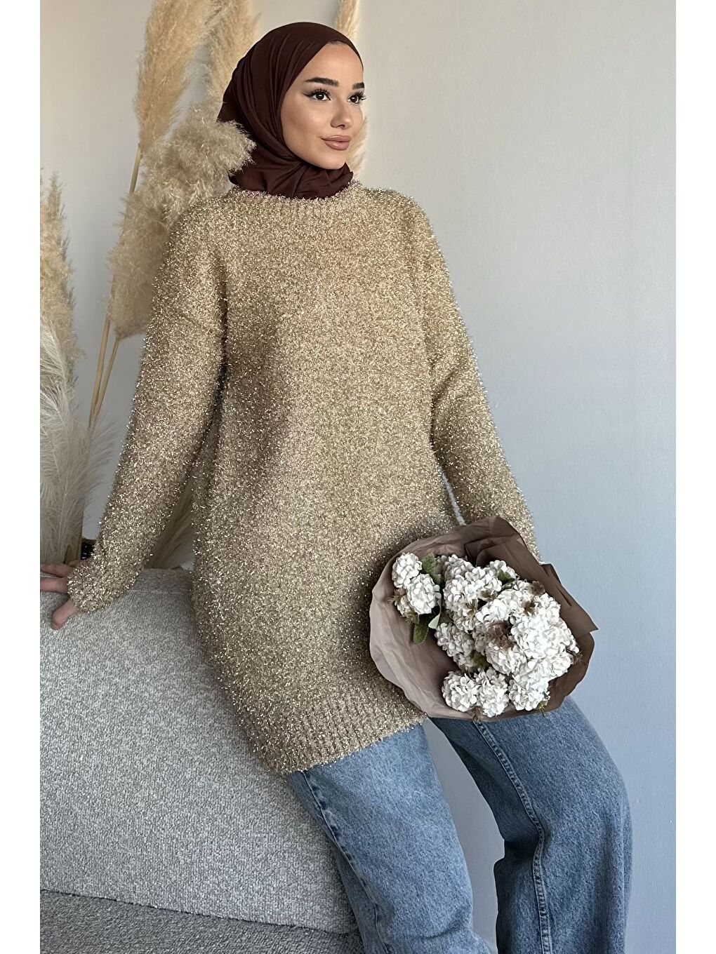 Bej Gülseli Simli Tesettür Triko Tunik-3