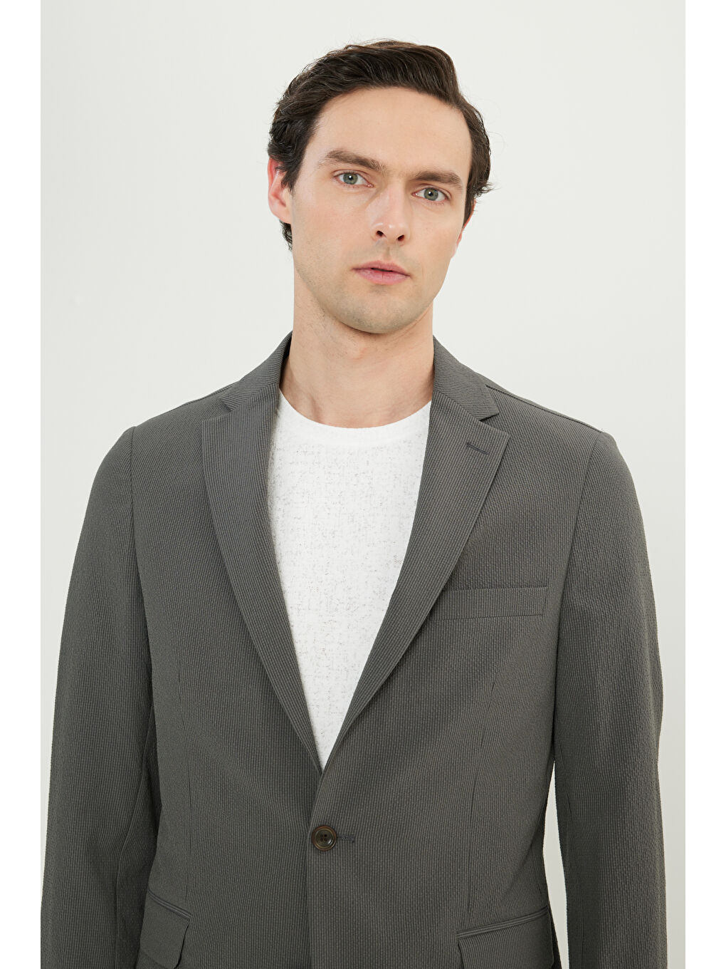 Erkek Haki Slim Fit Mono Yaka Kapak Cepli Esnek Takım Elbise-4