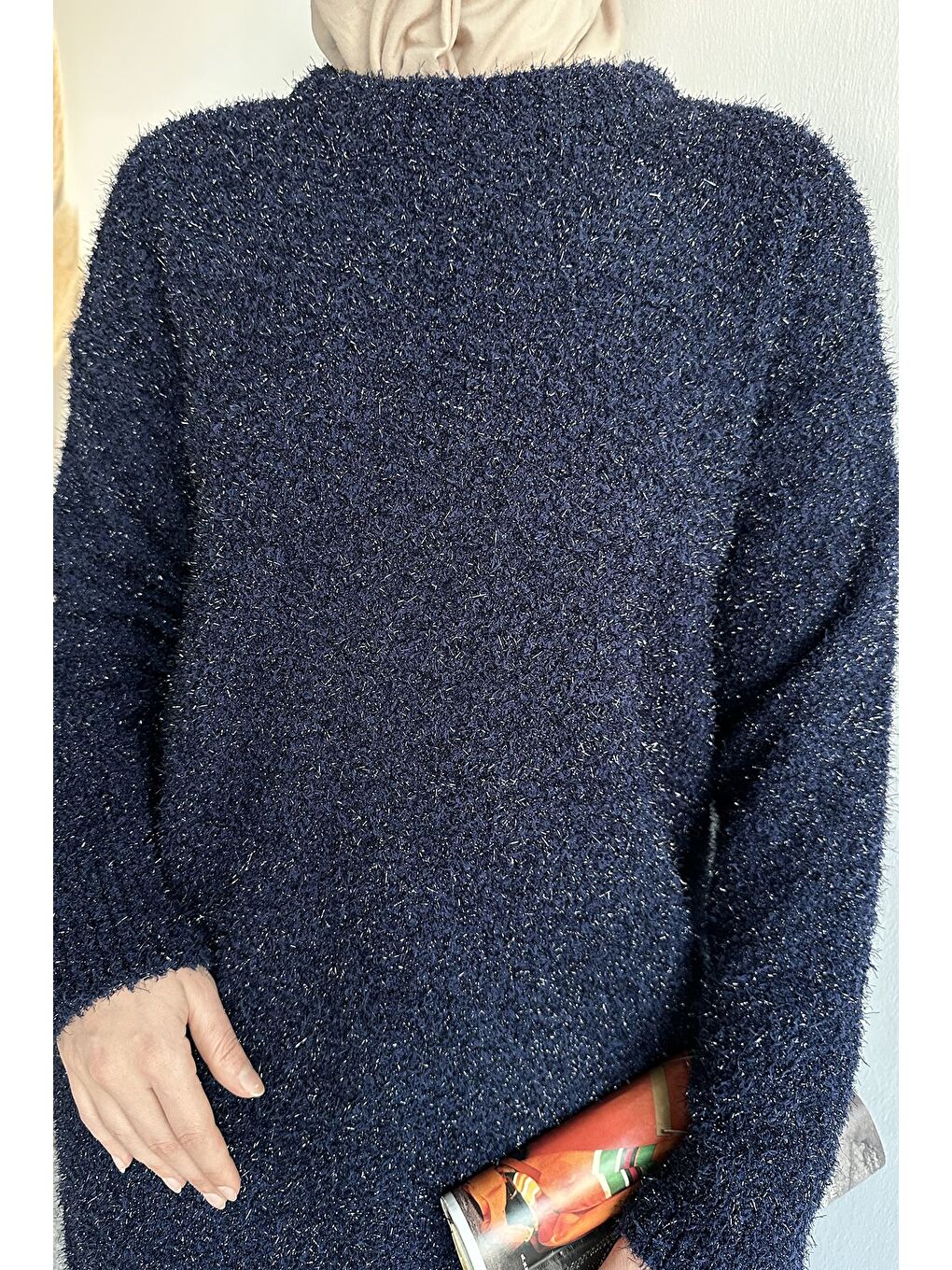 Lacivert Gülseli Simli Tesettür Triko Tunik-6