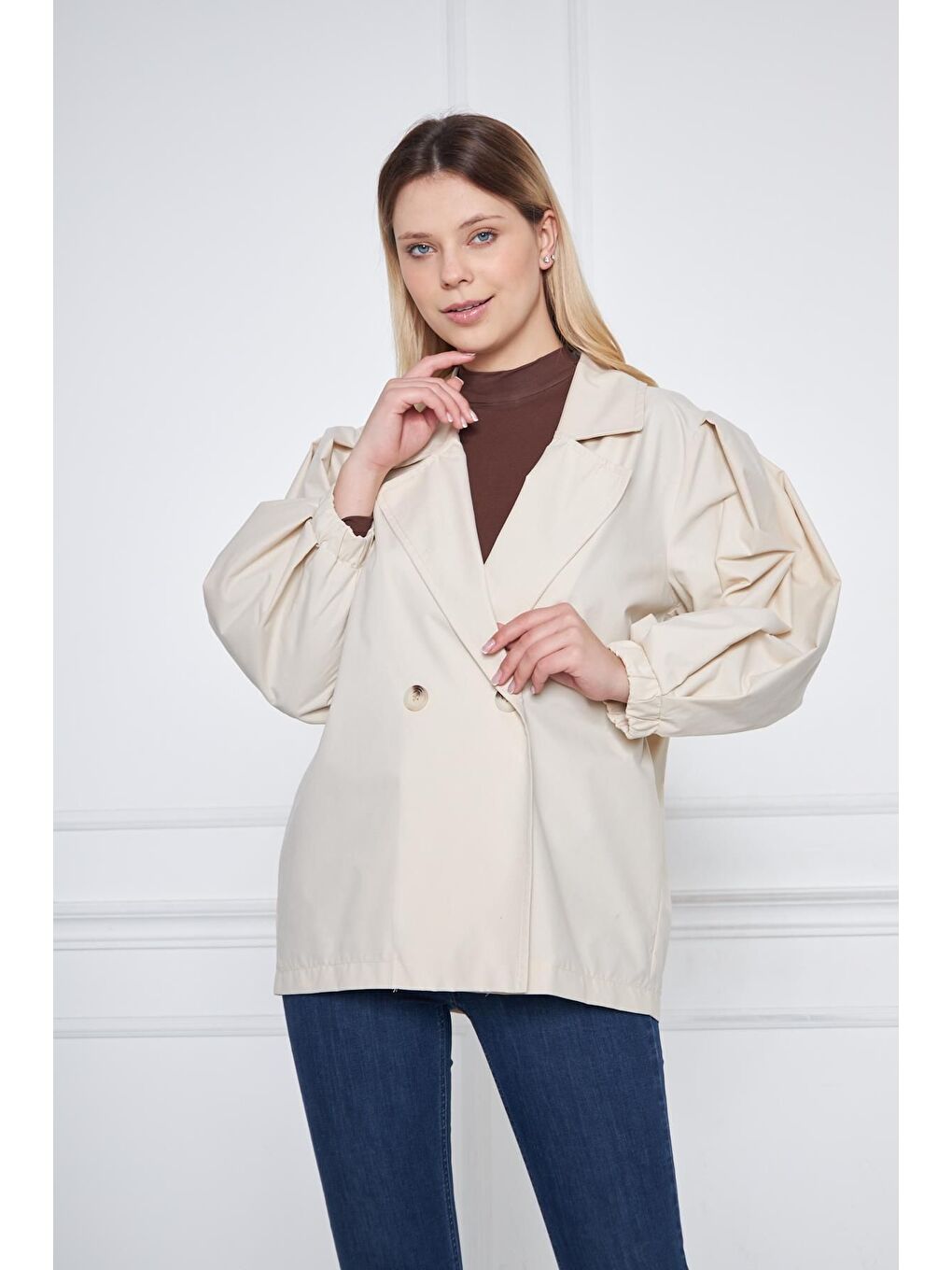 Bej Kadın A KALİTE Astarlı Su İtici Basic Kısa Trençkot