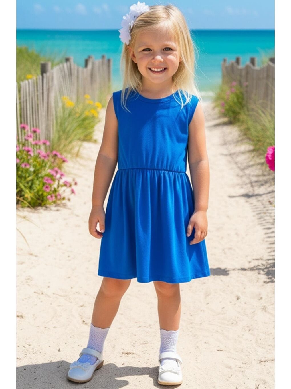 Kız Çocuk Saks Mavi Elbise Beyaz Toka Takım-1