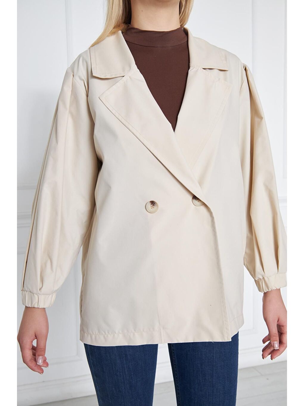 Bej Kadın A KALİTE Astarlı Su İtici Basic Kısa Trençkot-1