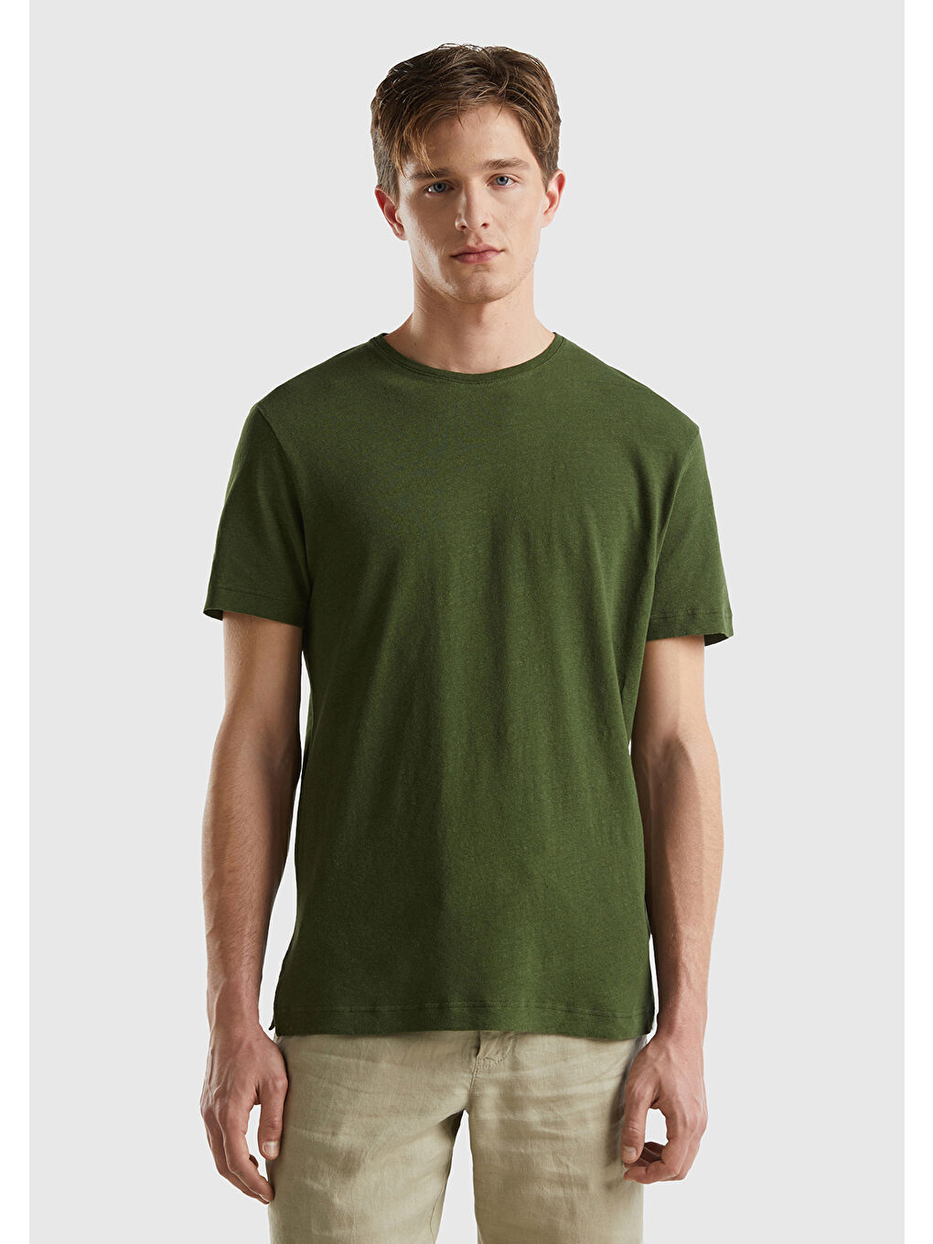 United Colors Of Benetton Erkek Koyu Yeşil Keten Karışımlı Bisiklet Yaka Basic T-Shirt