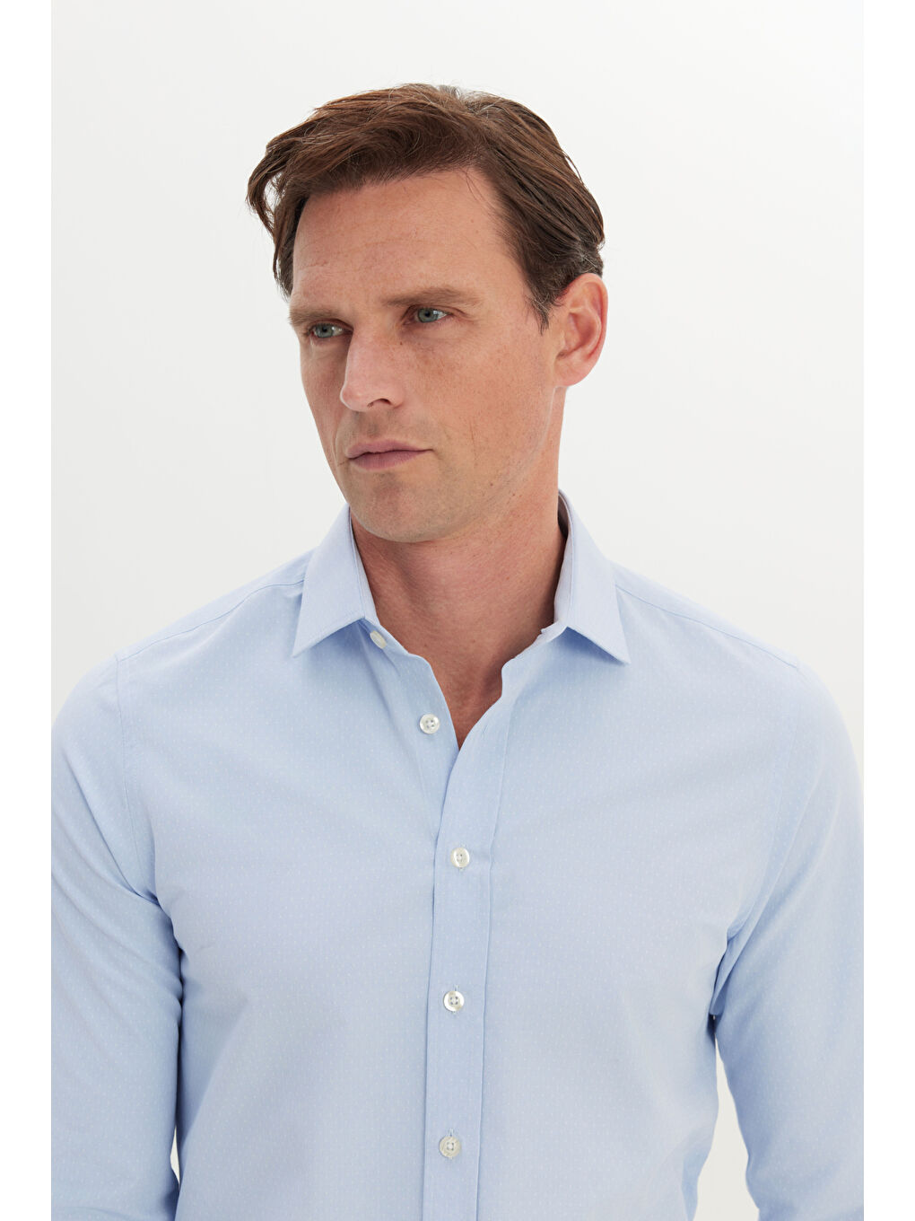 Erkek Mavi Pamuklu Slim Fit Dar Kesim Klasik Yaka Armürlü Gömlek-3