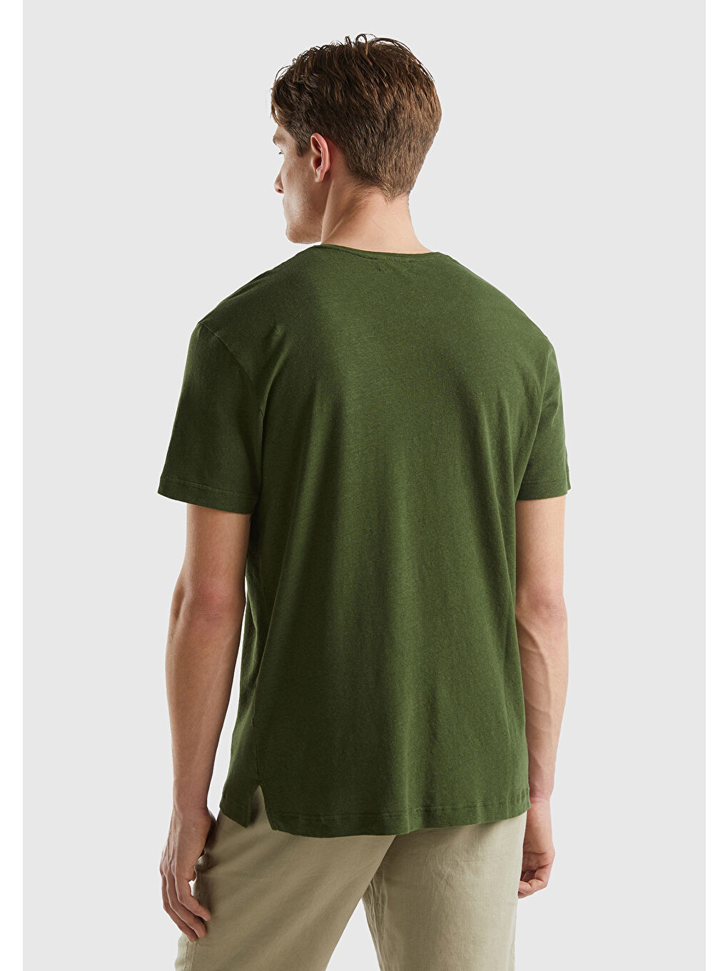 United Colors Of Benetton Erkek Koyu Yeşil Keten Karışımlı Bisiklet Yaka Basic T-Shirt - 1