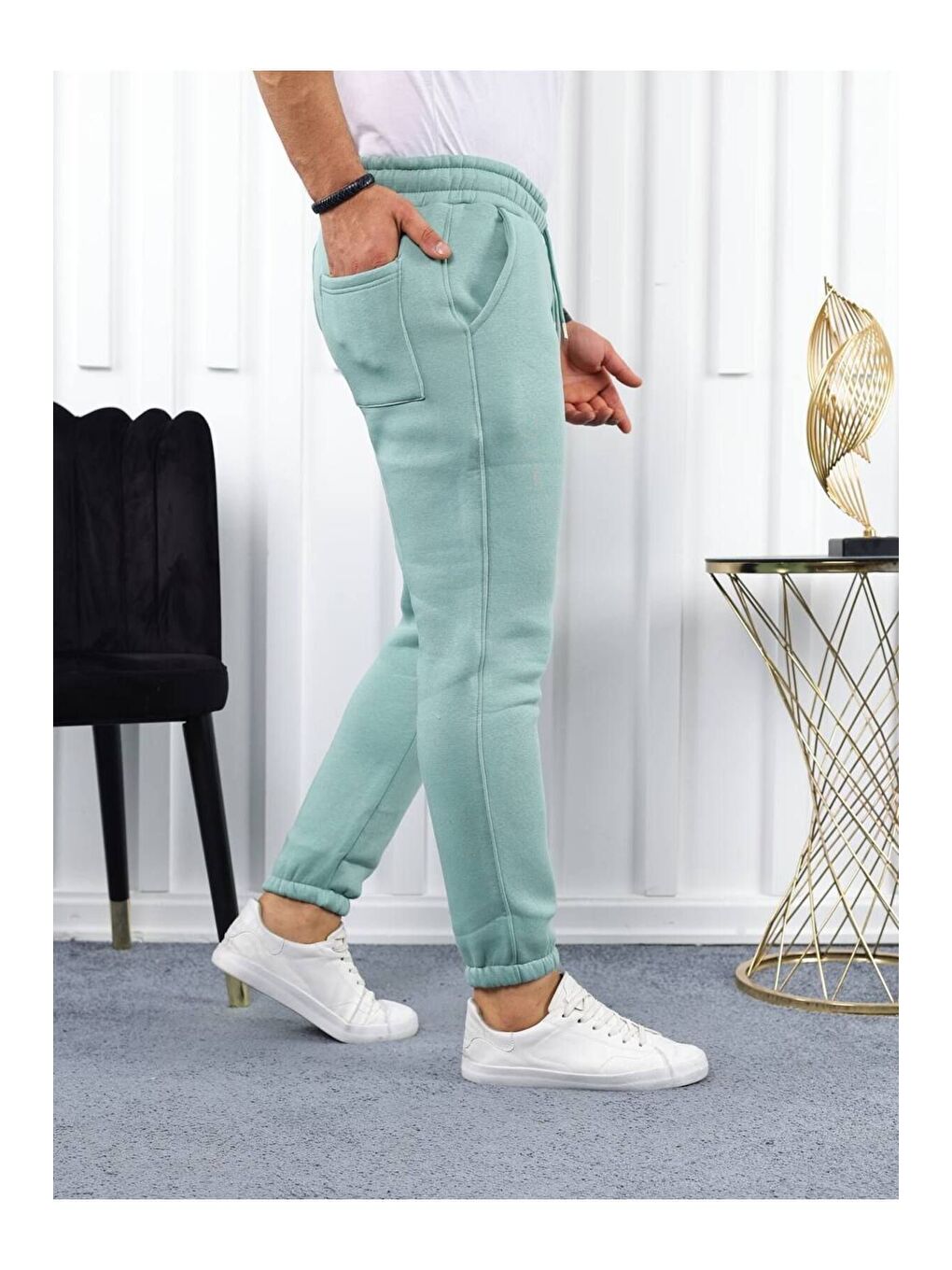Yeşil Erkek Beli Lastikli Şardonlu Jogger Mint Eşofman Altı-2