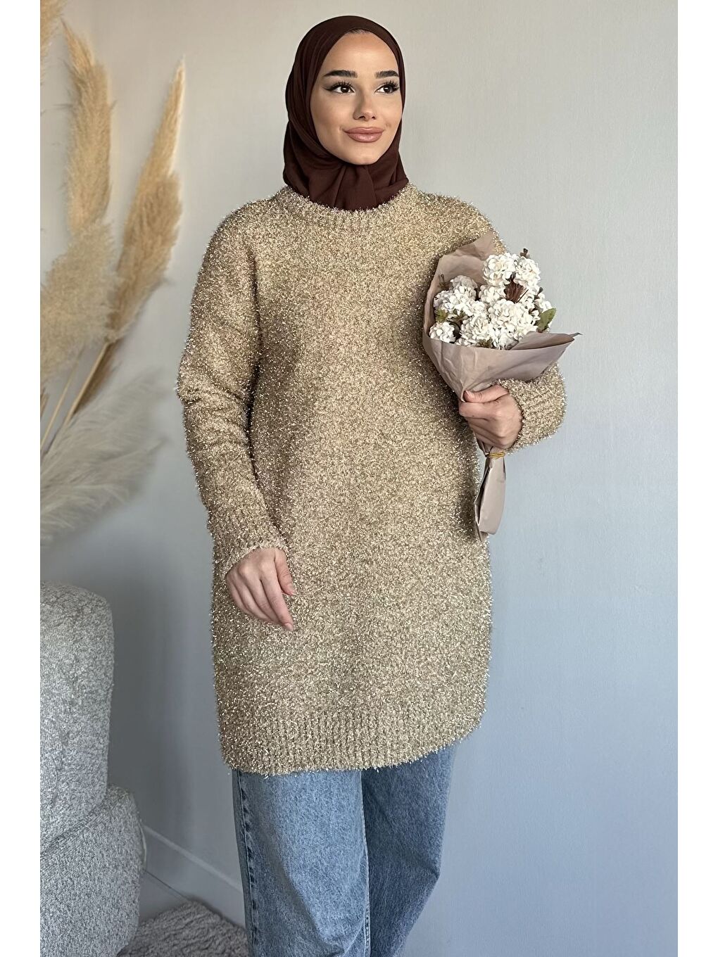 Bej Gülseli Simli Tesettür Triko Tunik-5