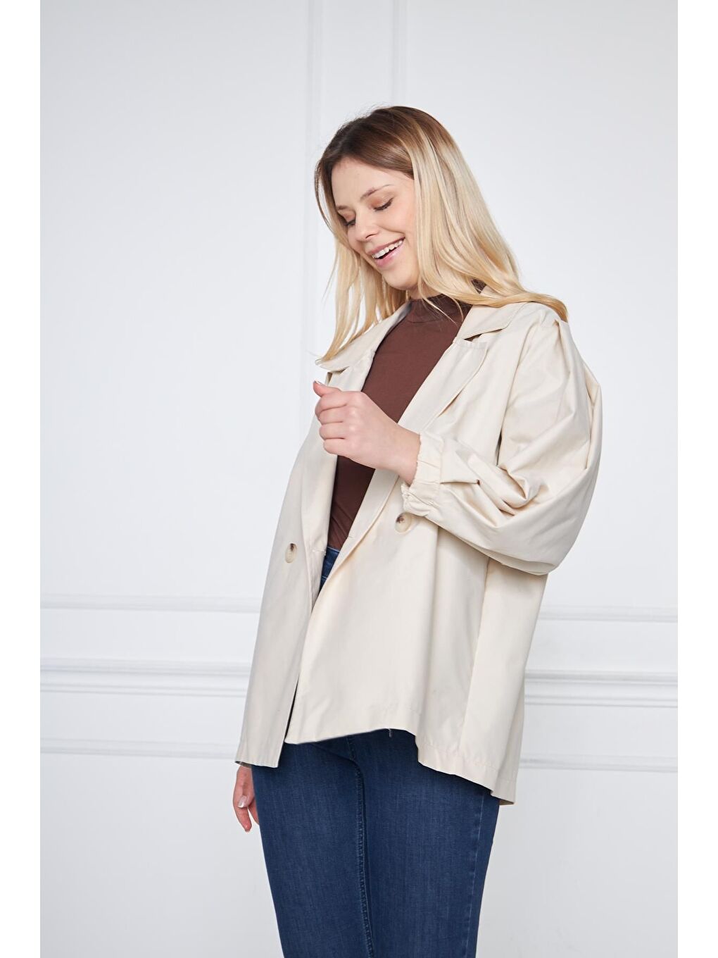 Bej Kadın A KALİTE Astarlı Su İtici Basic Kısa Trençkot-2