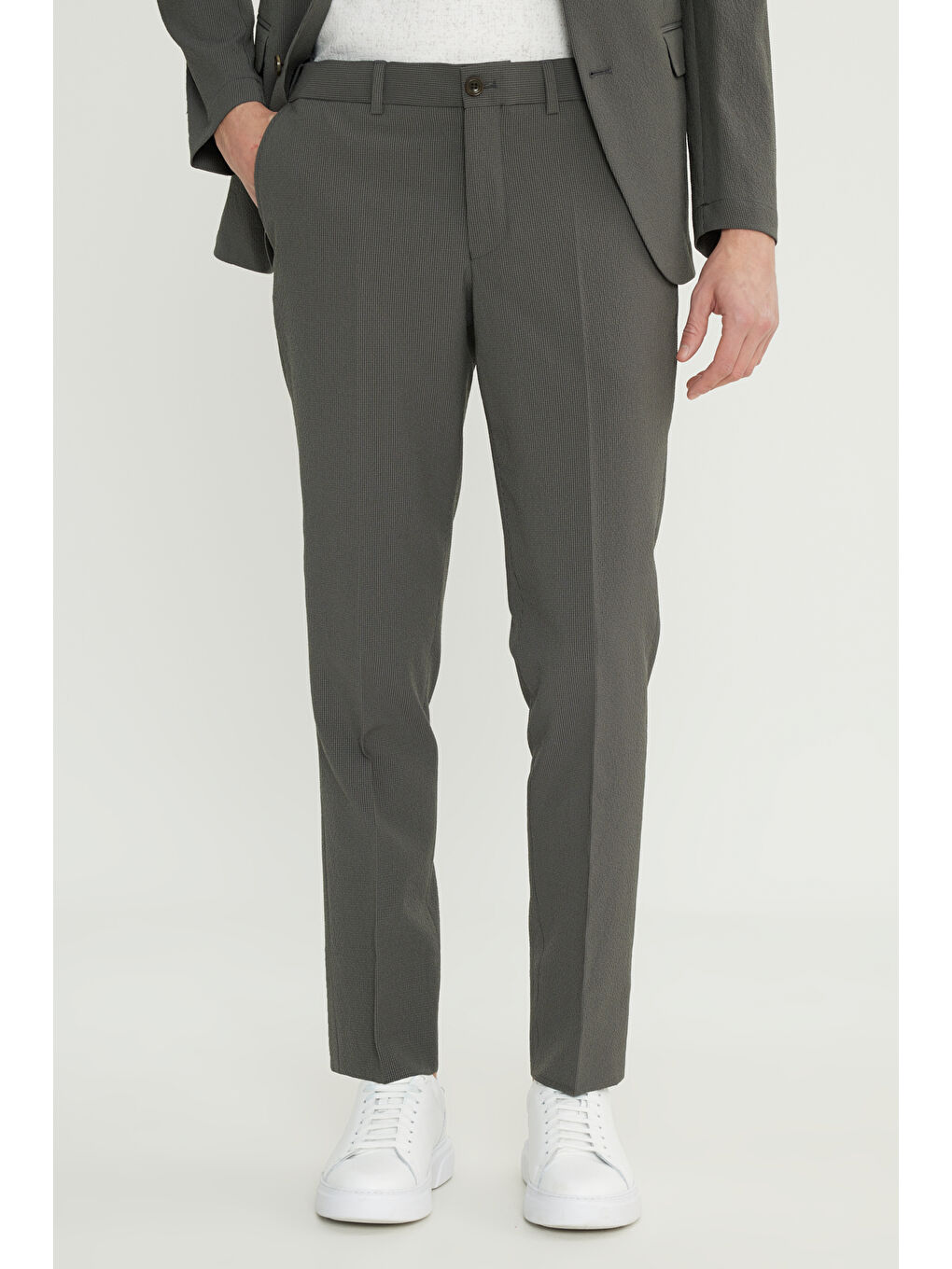 Erkek Haki Slim Fit Mono Yaka Kapak Cepli Esnek Takım Elbise-5