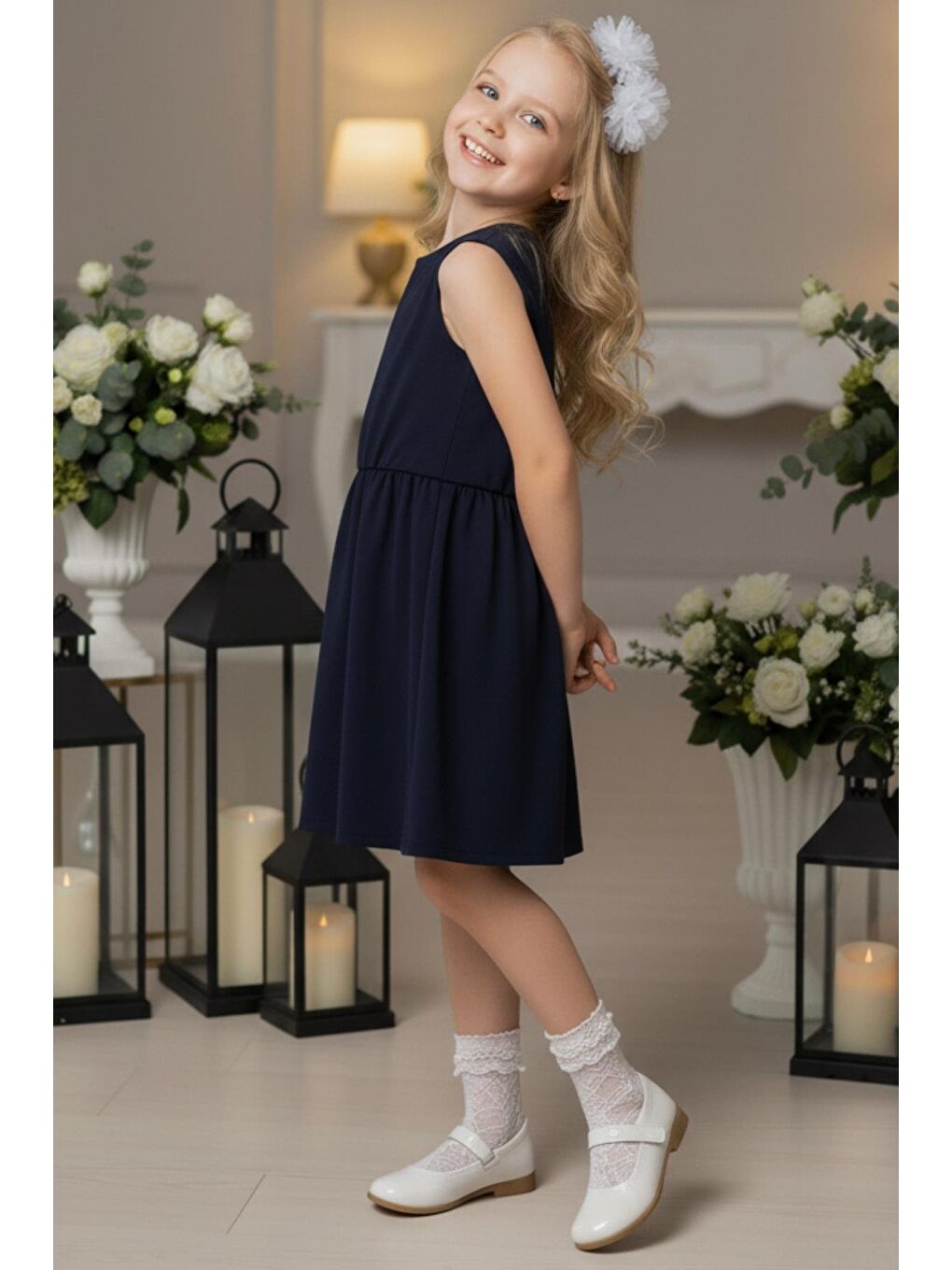 Kız Çocuk Antrasit Elbise Beyaz Toka Takım