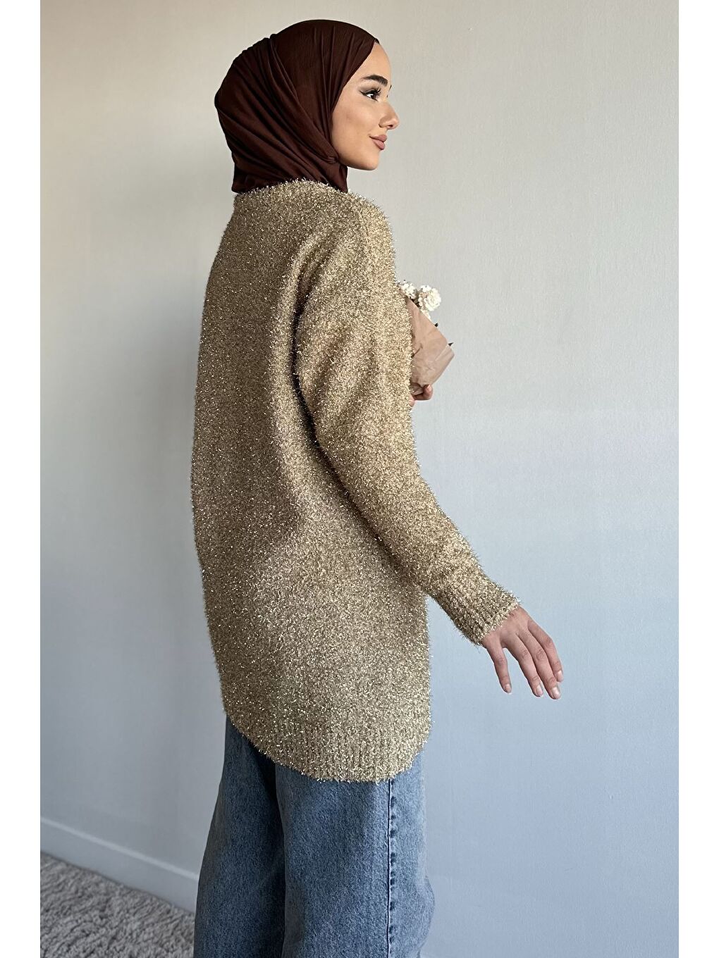 Bej Gülseli Simli Tesettür Triko Tunik-6