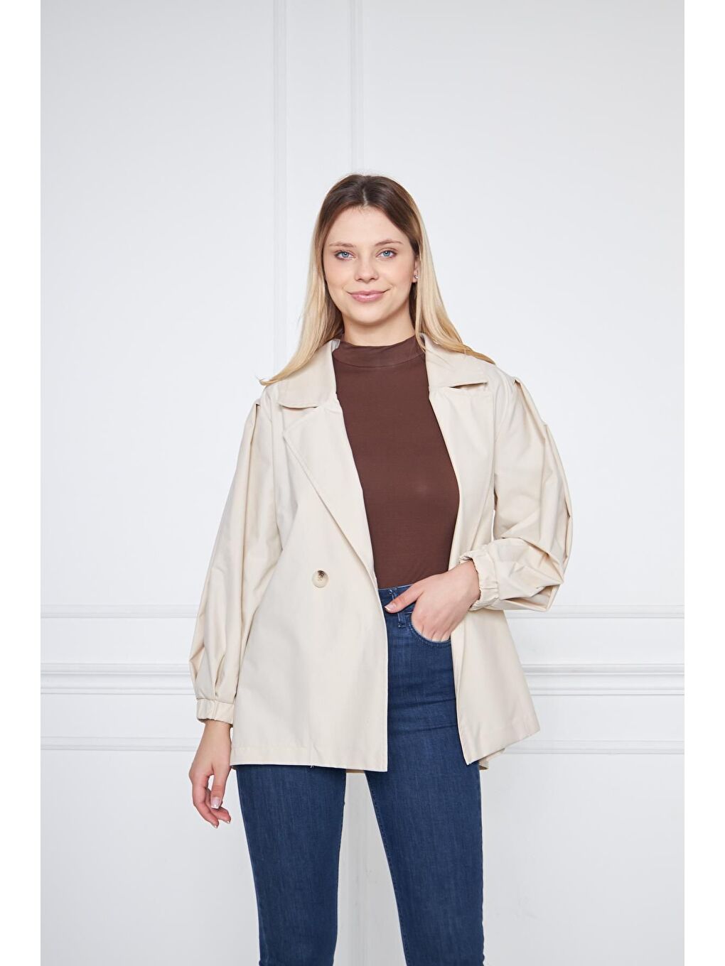 Bej Kadın A KALİTE Astarlı Su İtici Basic Kısa Trençkot-3