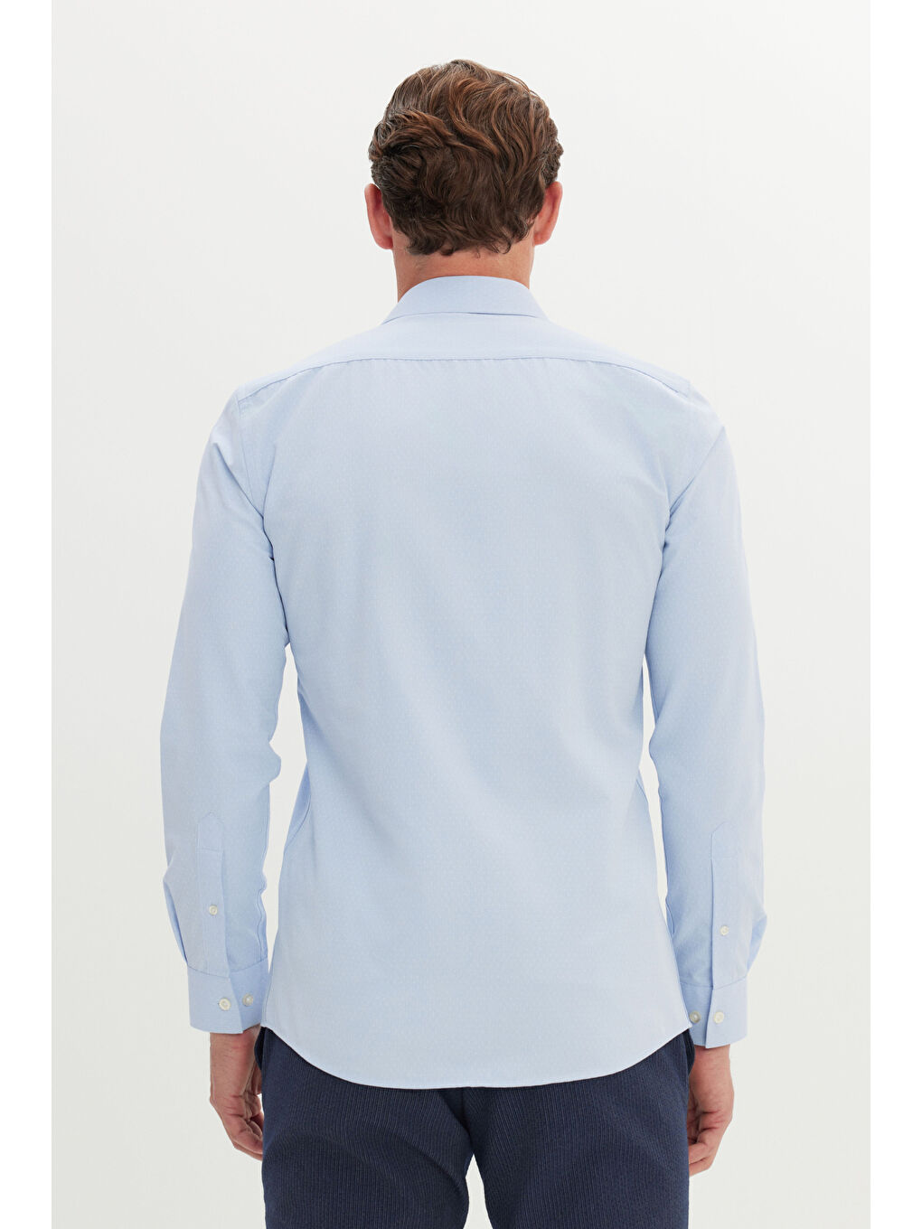 Erkek Mavi Pamuklu Slim Fit Dar Kesim Klasik Yaka Armürlü Gömlek-4