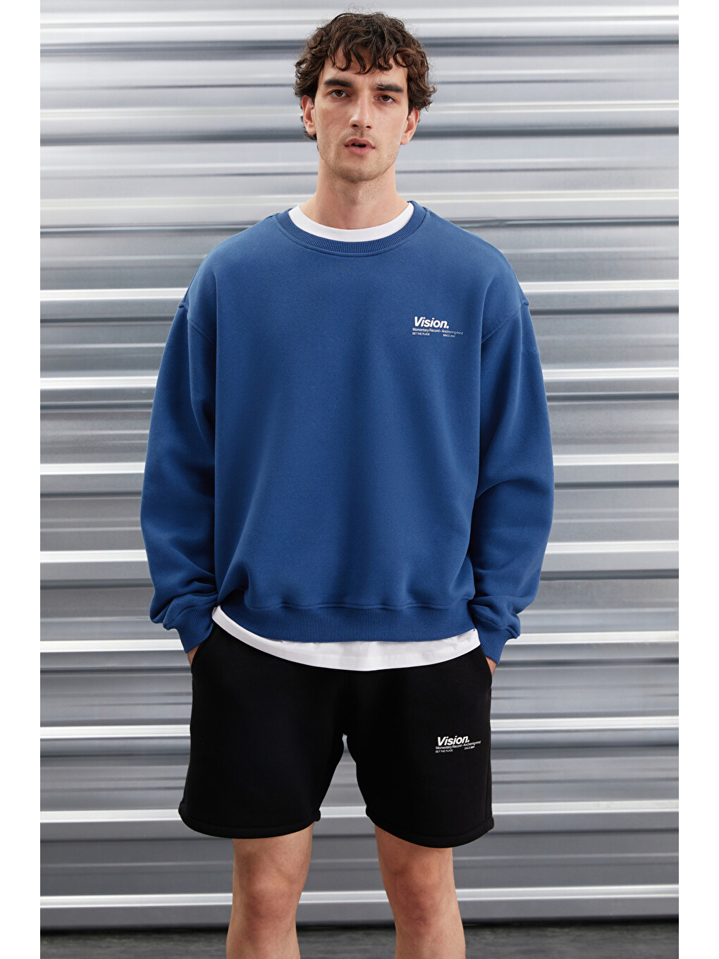 Mavi Ernest Erkek Organik Pamuklu Yumuşacık Baskı Detaylı Bisiklet Yaka İçi Polarlı MAVİ Sweatshirt-1