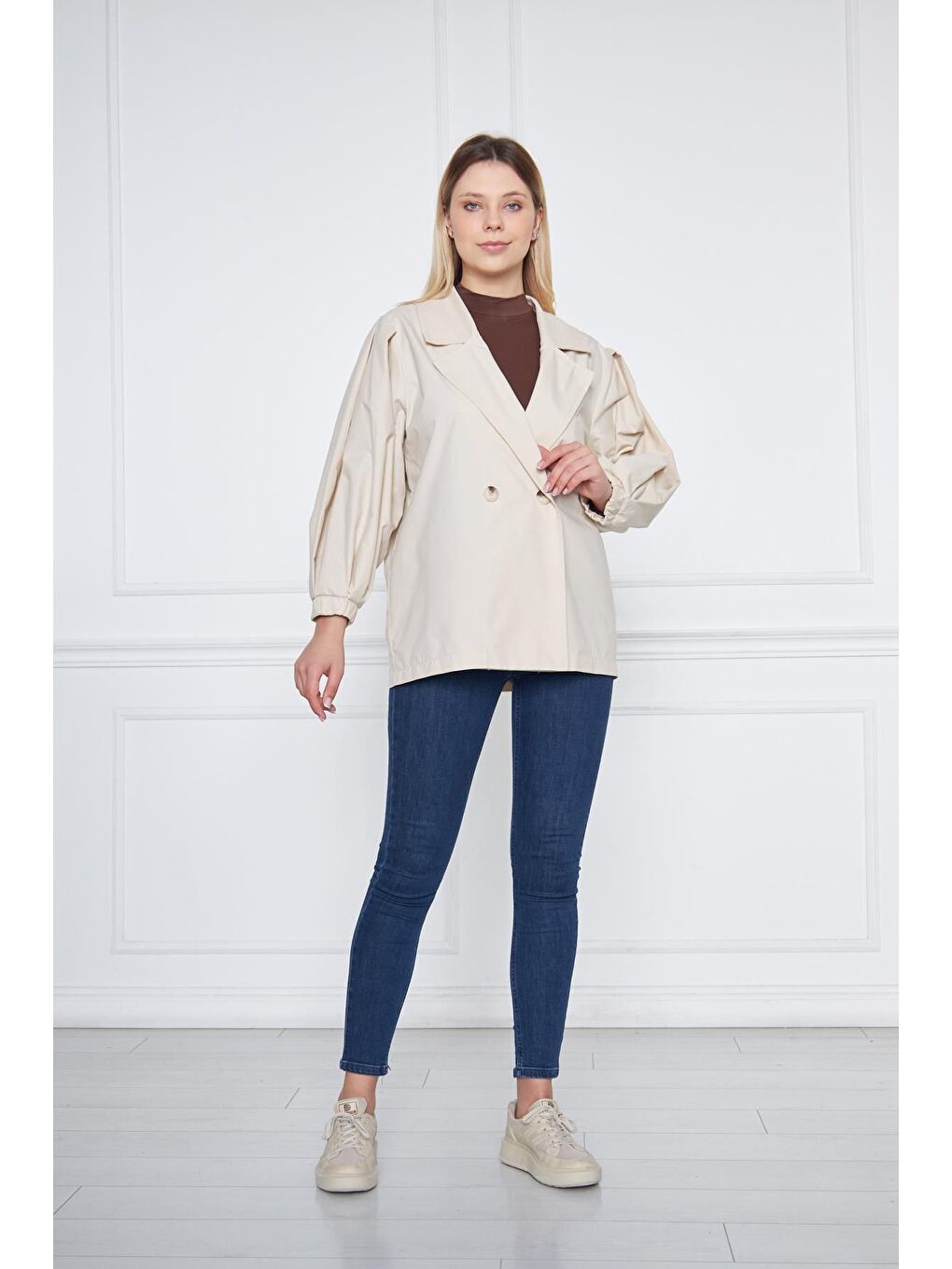 Bej Kadın A KALİTE Astarlı Su İtici Basic Kısa Trençkot-4