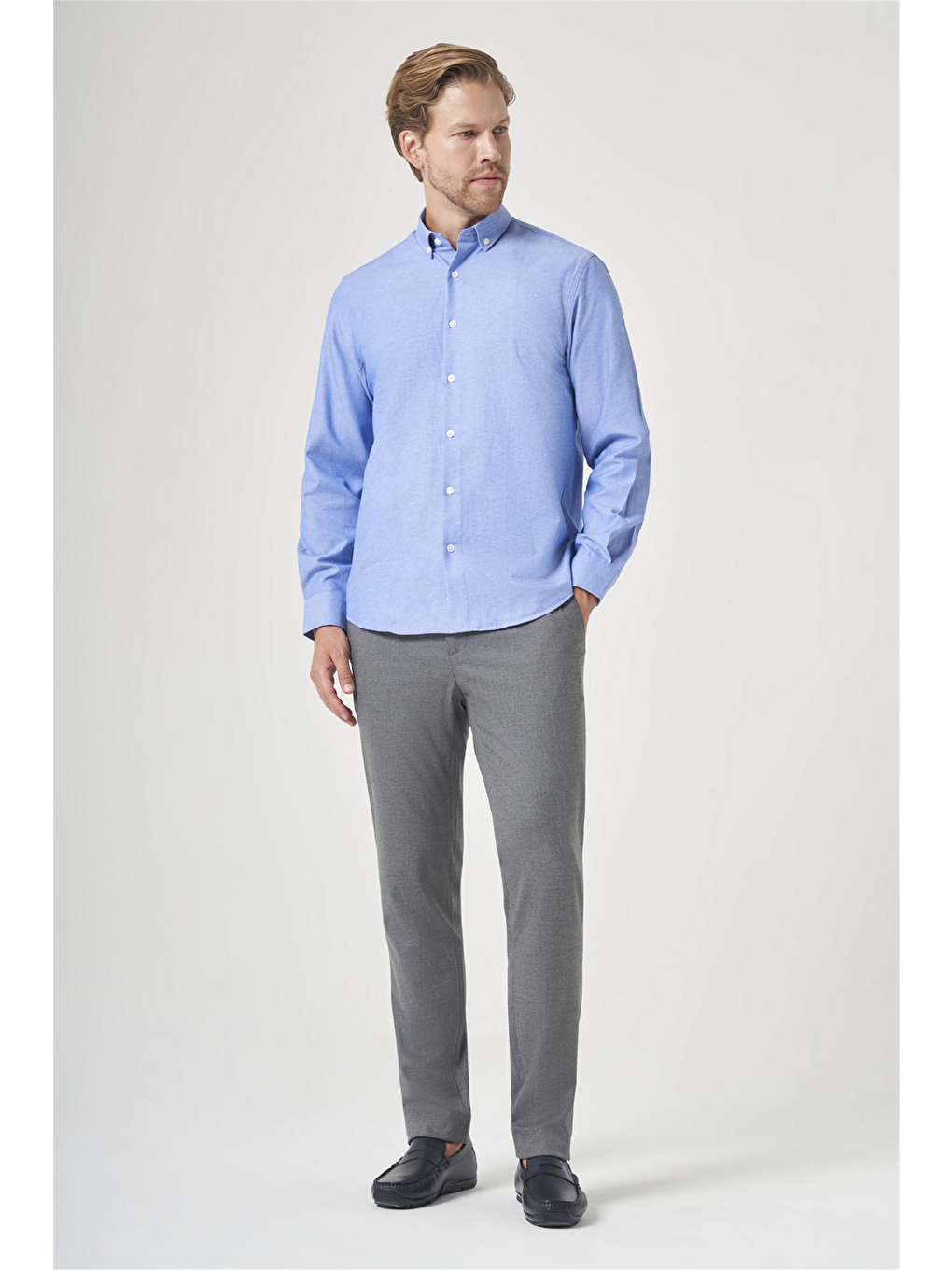 Mavi Düğmeli Yaka Uzun Kol Slim Fit Pamuklu Gömlek 1004260235-1