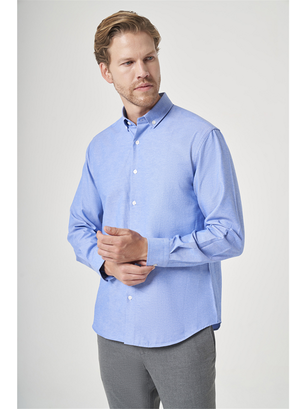 Mavi Düğmeli Yaka Uzun Kol Slim Fit Pamuklu Gömlek 1004260235-2