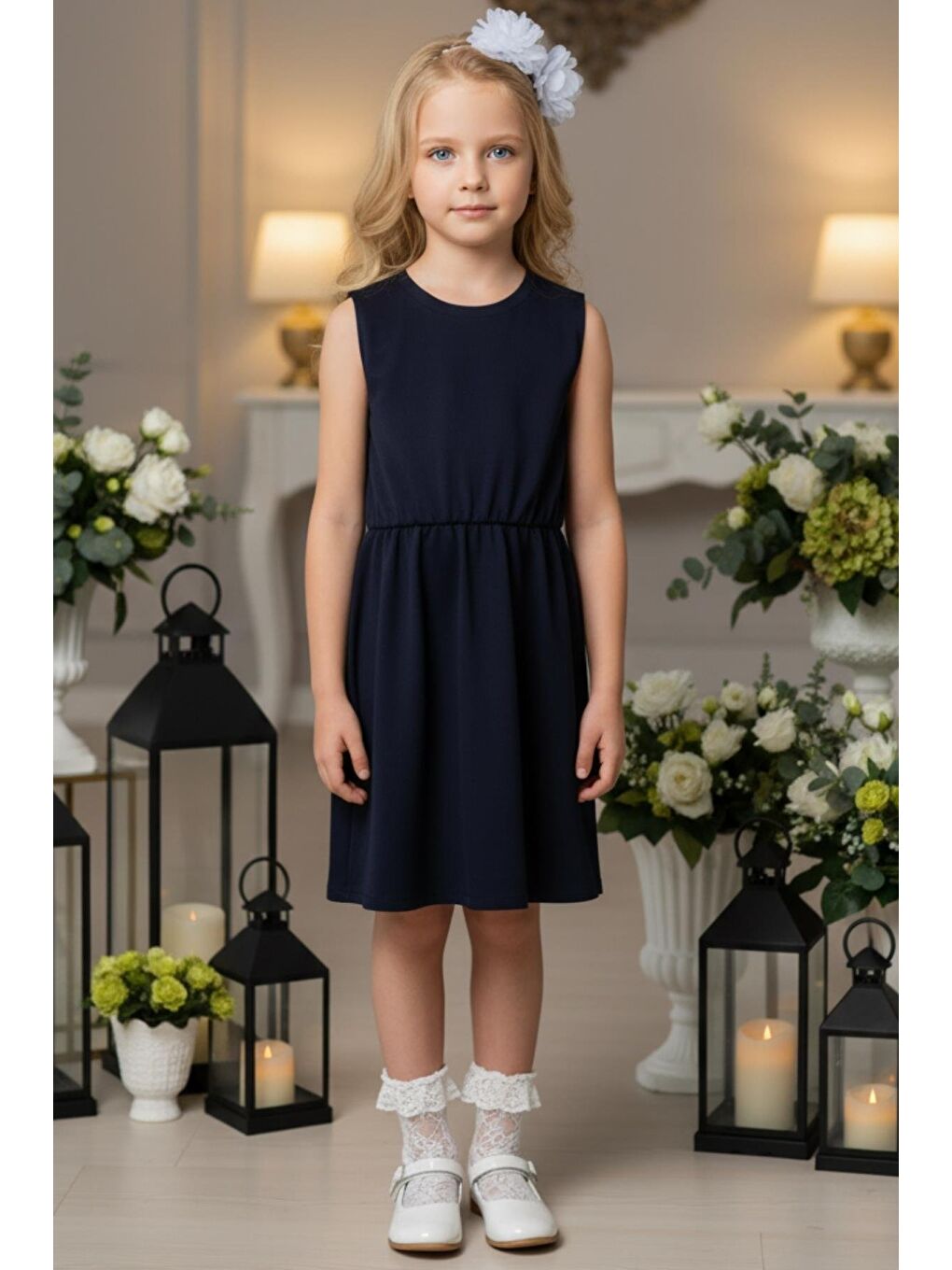 Kız Çocuk Antrasit Elbise Beyaz Toka Takım-3