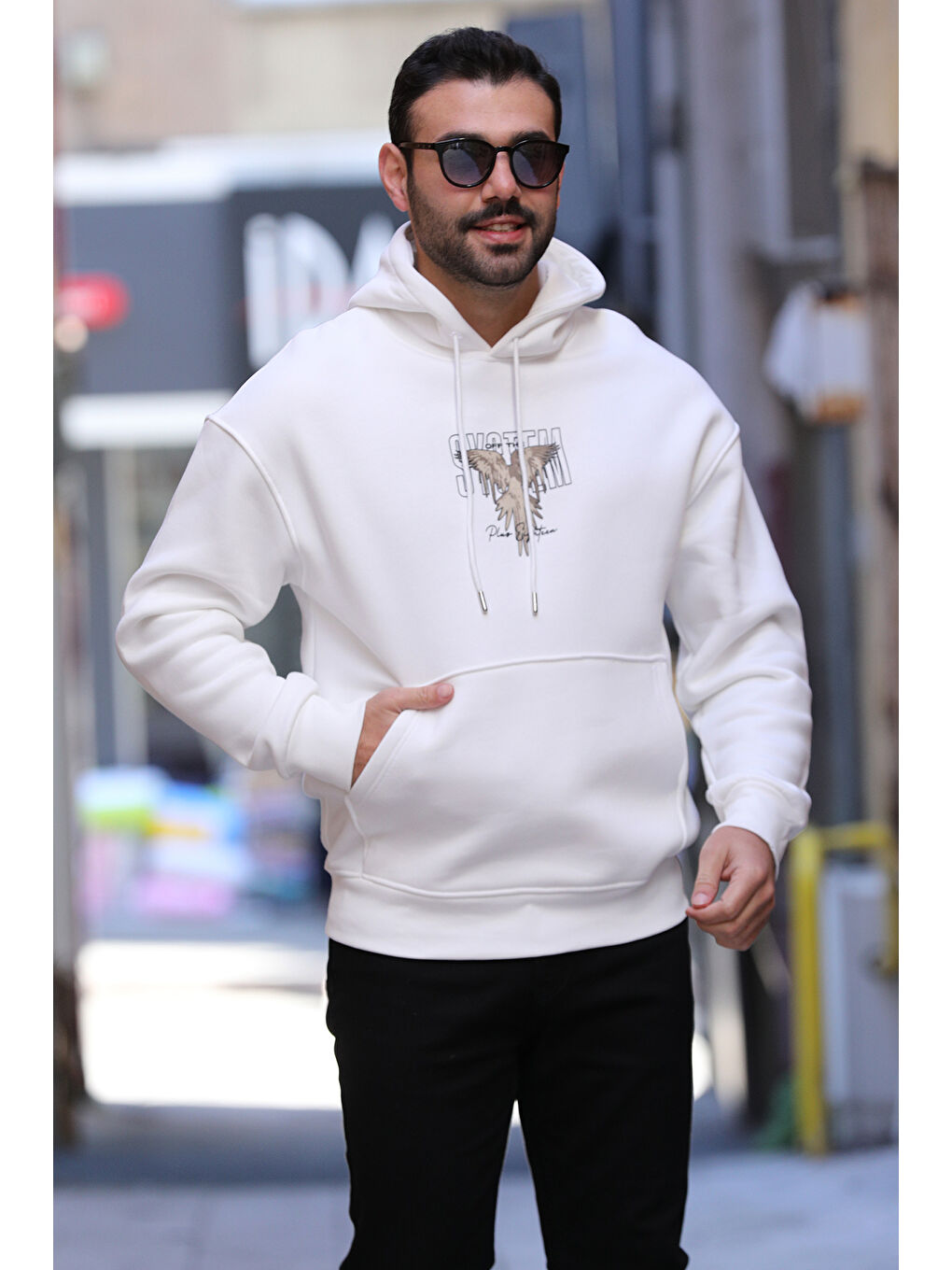 Mishar İtalia Ekru Üç İplik Şardonlu Kapüşonlu Kartal Baskılı Erkek Sweatshirt - 1