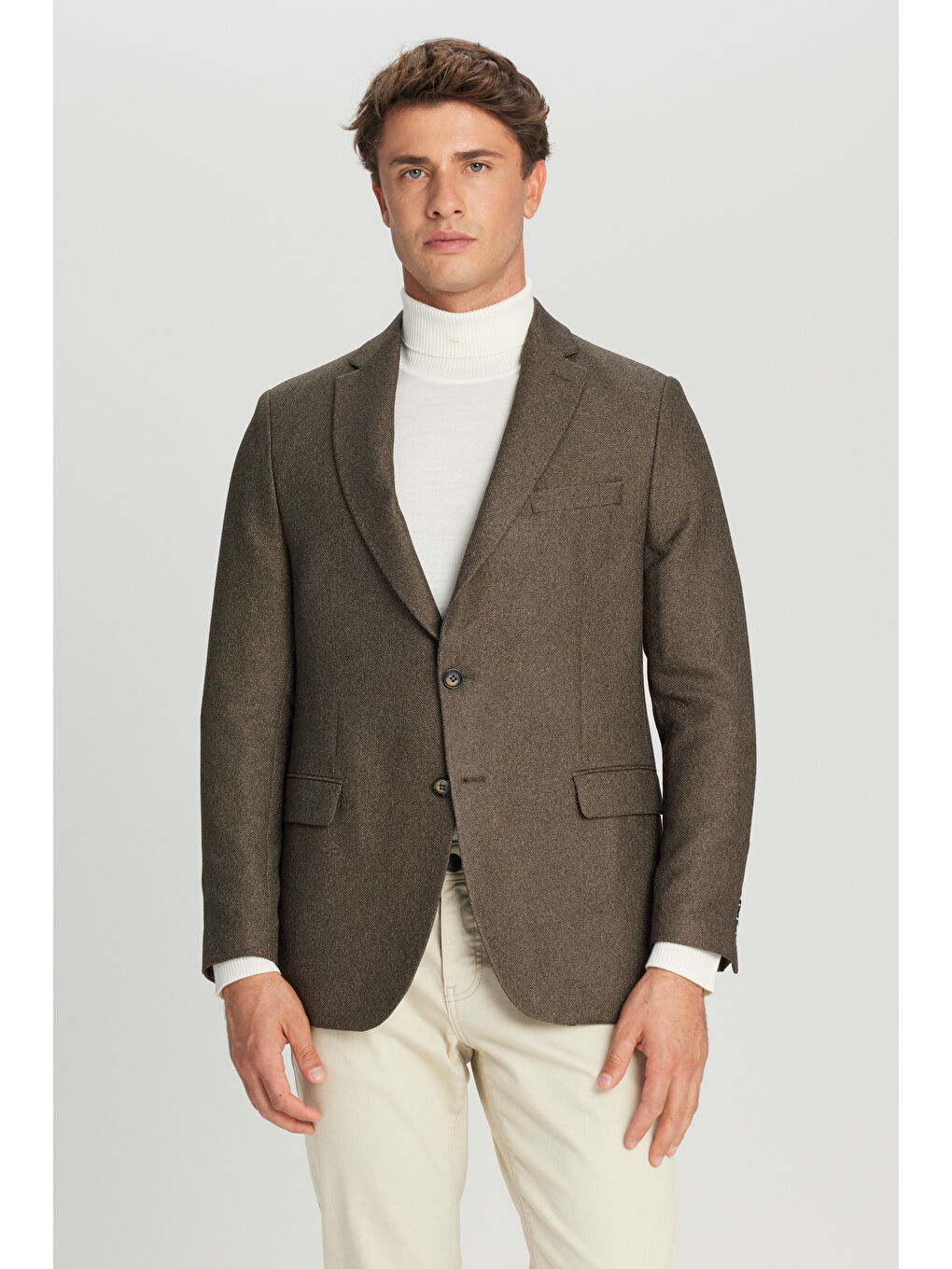 Erkek Haki Slim Fit Dar Kesim Mono Yaka Kapak Cepli Blazer Ceket-2