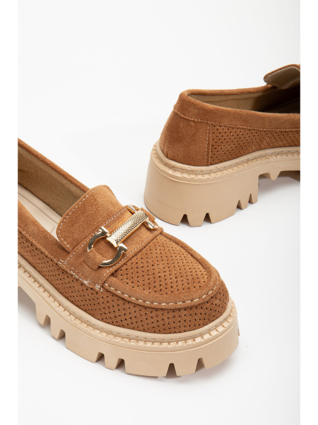 Kahverengi Kadın Taba Süet Rahat Kalıp Yüksek Poli Taban Önü Tokalı Loafer-2